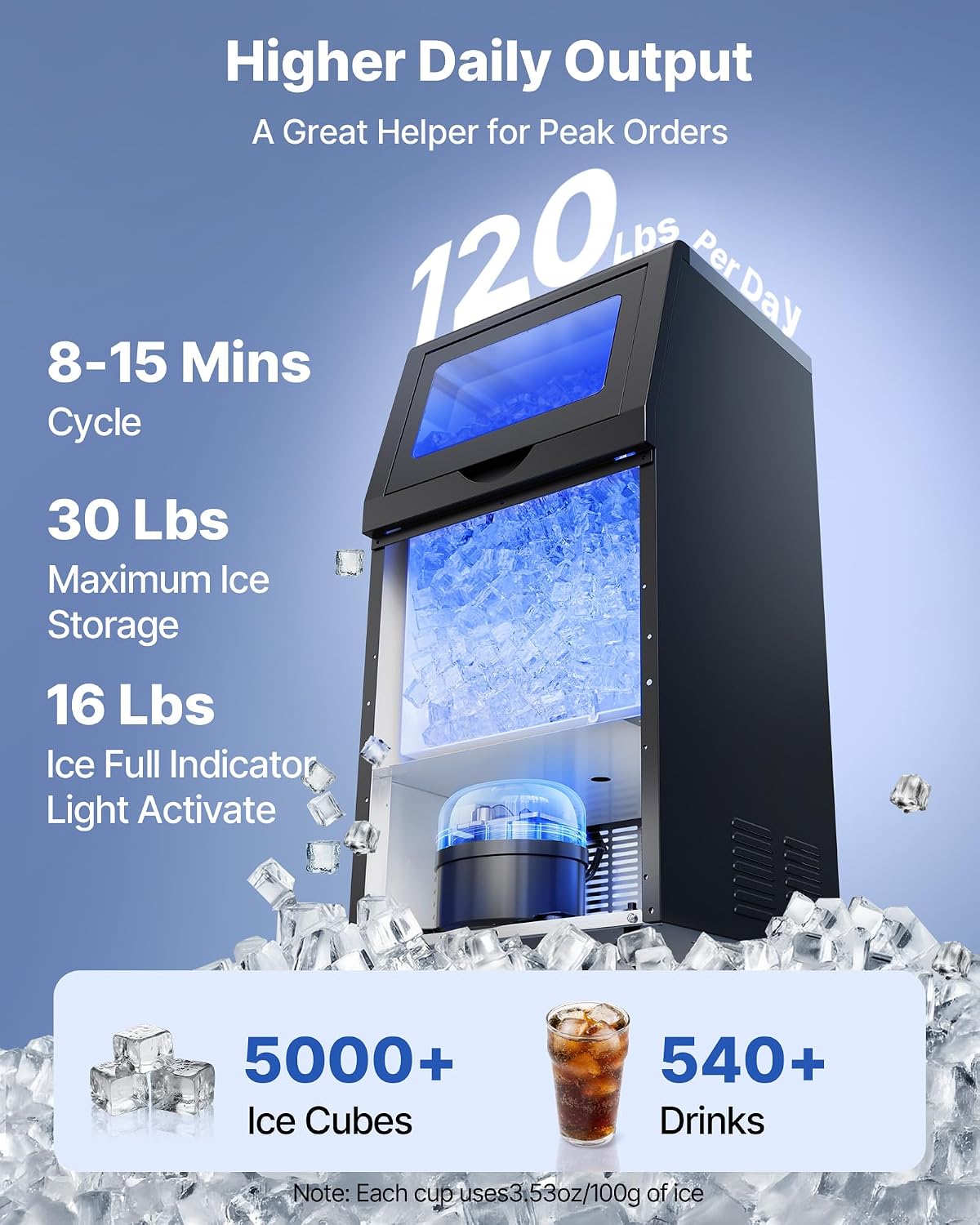 Machine à Glaçons Commerciale 54 kg/24 h, Fabrique de Glaçons Capacité de Stockage 14 kg, pour Bar Café Restaurant Débit de Boissons, en Acier Inoxydable, avec Affichage LED et Autonettoyage
