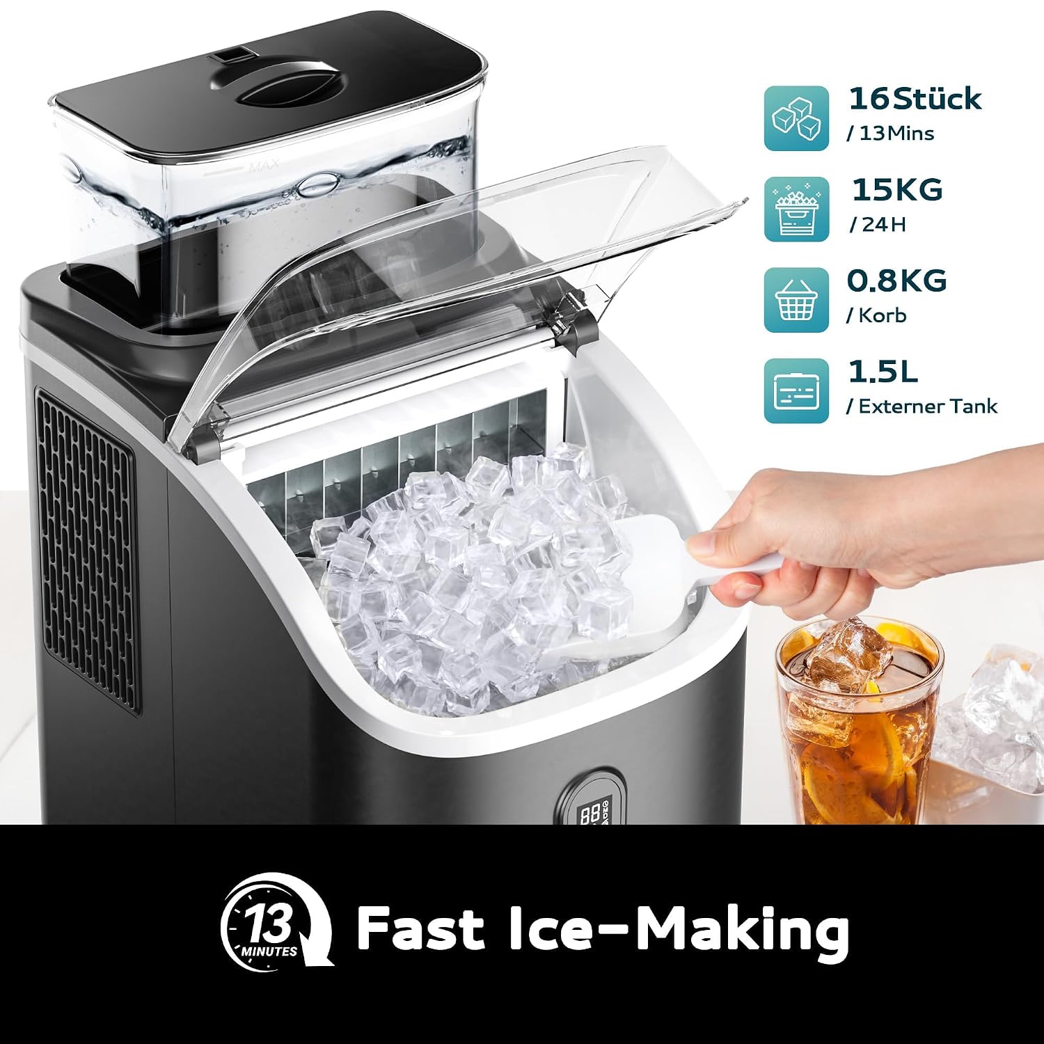 EUHOMY Machine à glaçons pour plan de travail, 15 kg, 2 l, 16 glaçons en 13 min, machine à glaçons autonettoyante pour la maison/cuisine/bureau, noire Noir-15 kg