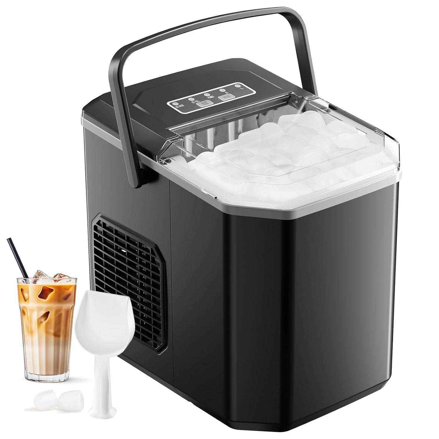 Machine à Glaçons, 12kg en 24h, 9 Glaçons en 6-8 Minutes, Machine a Glaçons avec Cuillère à Glace Réversible et Poignée de Transport, pour la Maison/Cuisine/Camping 1,5 L