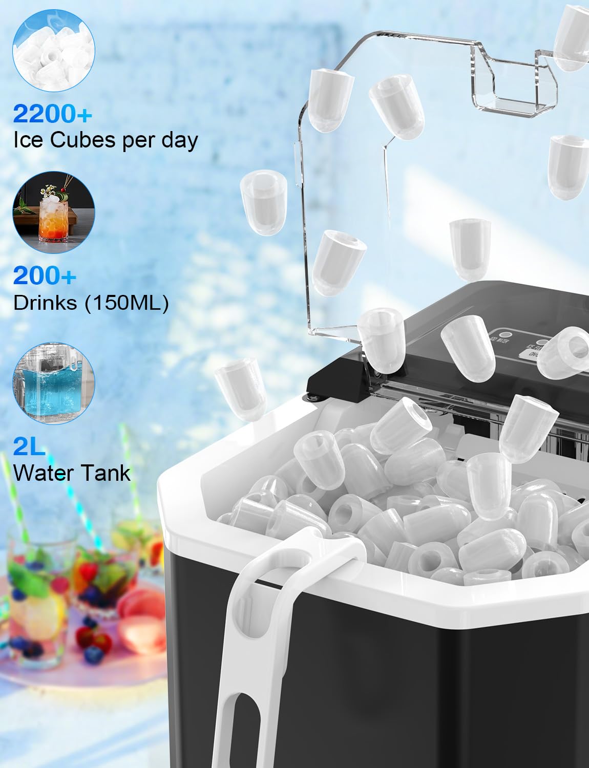 Machine à Glaçons, FZF Silencieuse Machine à Glaçons Comptoir avec Pelle à Glaçons 12kg en 24h, 2 Tailles de Glaçons 9 Glaçons en 6 Minutes, Portable Pour la Maison/Fête/Cuisine/Bar-Noir