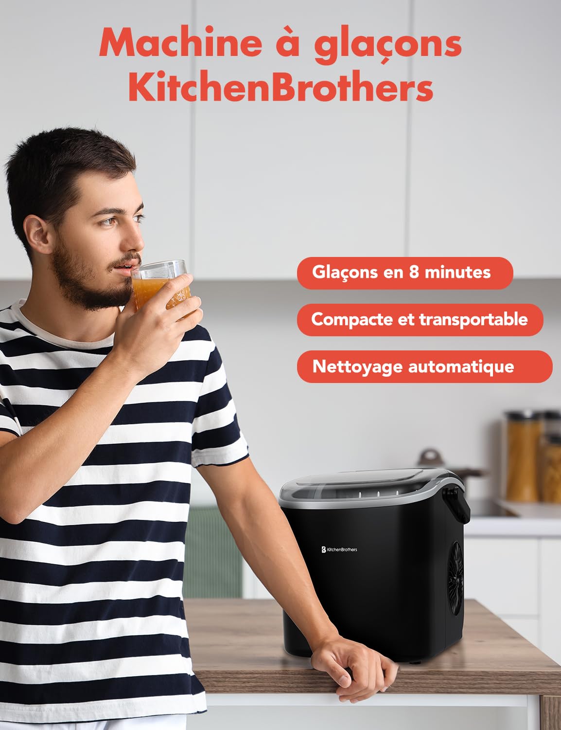 KitchenBrothers Machine a Glacons Professionnel - Machine a Glace Pilée - Machines à Glaçons - Machine a Glacon - Portable Avec Poignée - Avec Pelle à Glace - 1,2L - 7-10 Minutes - 12KG/24h Noir