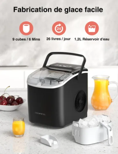 CROWNFUL Machine à Glaçon, 12kg en 24h, 9 Glaçons en 6 Minutes, Portable Machine a Glacons avec Capteur Infrarouge et Autonettoyant, Idéale pour Maison, Cuisine, Bureau, Bar, Fête noir