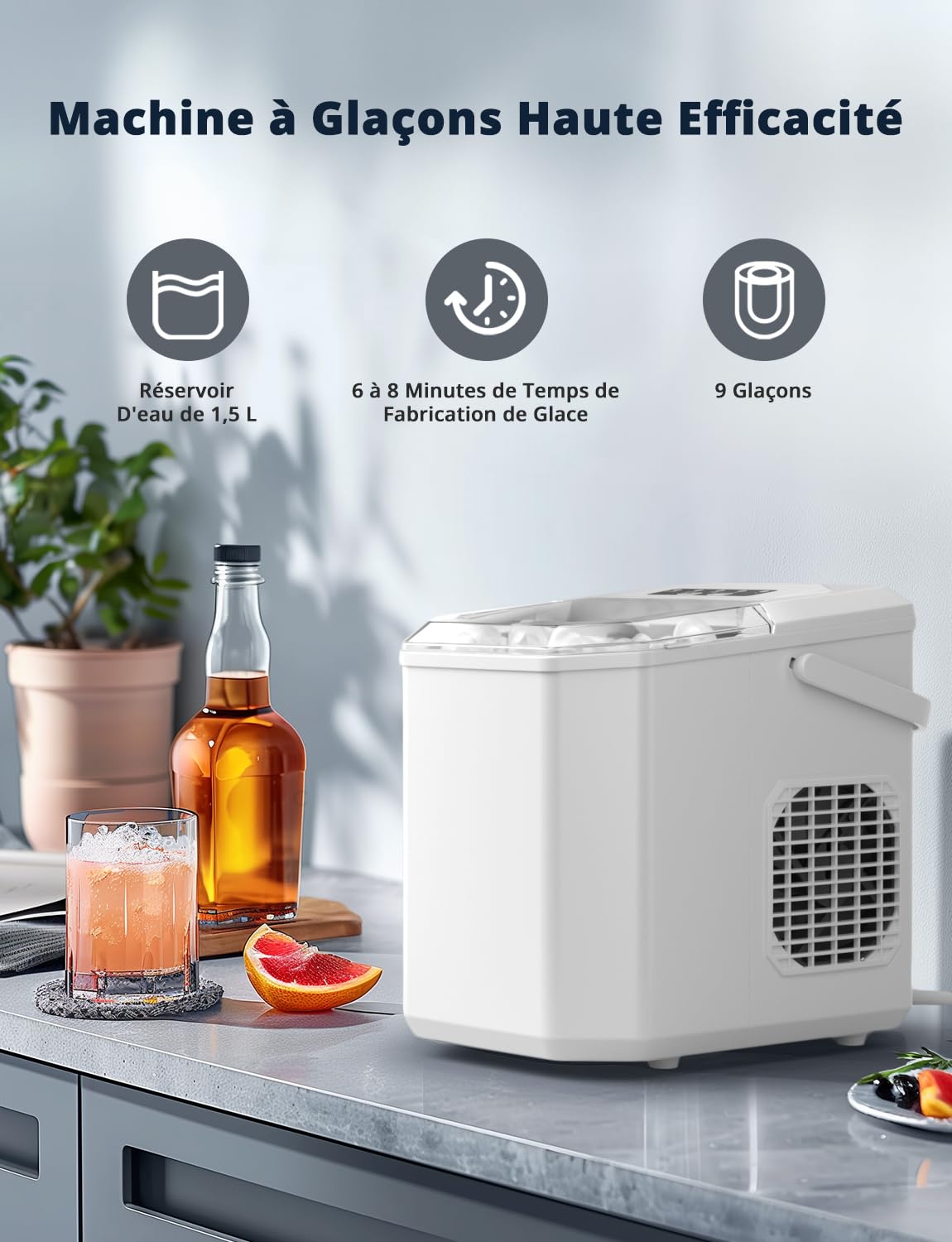 Machine à Glaçons, 12kg en 24h, 9 Glaçons en 6 à 8 Minutes, Blanc Machine a Glacons avec Fonction Autonettoyante, pour la Maison/Cuisine/Camping