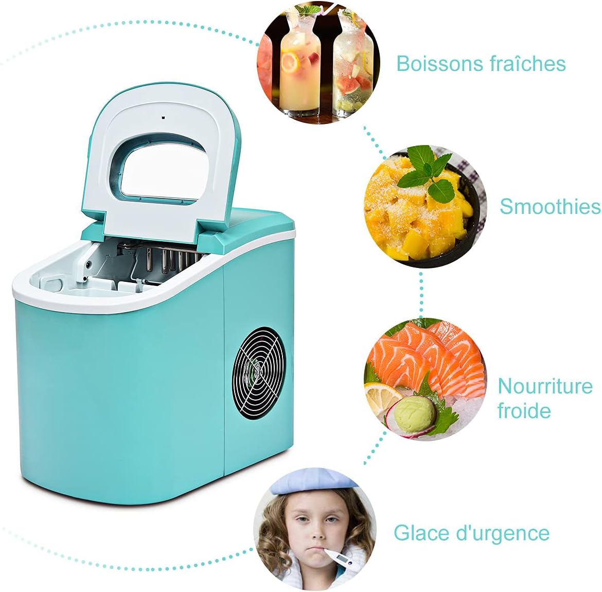 Machine à Glaçons Portable avec Réservoir d'Eau de 2,2 L, Bac à Glace de 0,7 kg et Pelle à Glace, 12KG/24H, 9 glaçons par 6-13 Min, Machine à Glaçons pour Maison, Bar, etc - (Turquoise)
