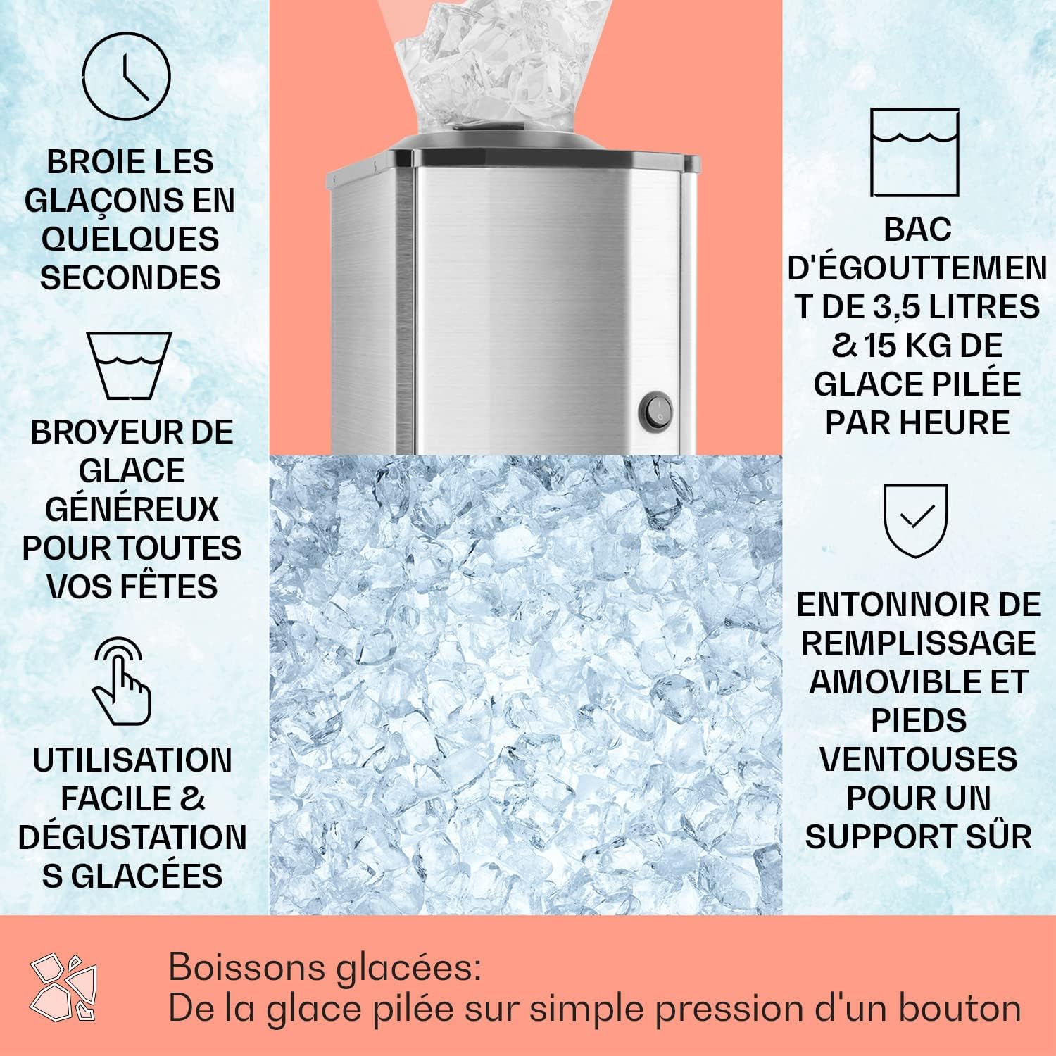 OneConcept Machine a Glace Pilée pour la Maison, Grande Capacité de 3,5L, Fabrique Rapidement Jusqu'à 15kg, Broyeur Glacons, Ice Maker qui Fonctionne Rapidement, Machine à Glaçons, Bac de Récupération