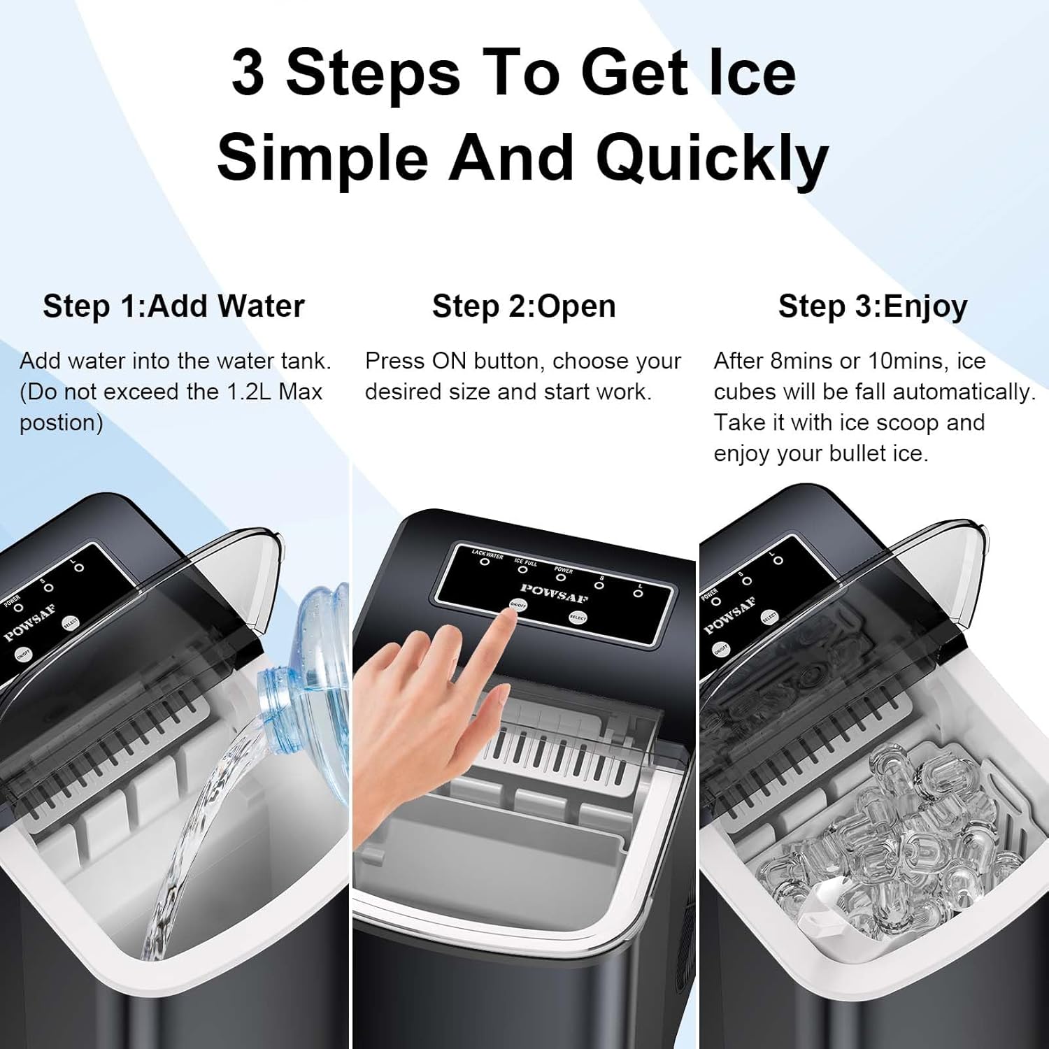 POWSAF Machine à Glaçons, 9 Glaçons en 8 min, 12kg en 24h, Machine à Glaçons Auto-Nettoyante avec pelle à glace et Panier, Pour Maison/Bureau/Cuisine/déplacements, Noire