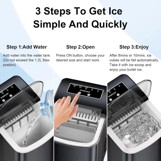 POWSAF Machine à Glaçons, 9 Glaçons en 8 min, 12kg en 24h, Machine à Glaçons Auto-Nettoyante avec pelle à glace et Panier, Pour Maison/Bureau/Cuisine/déplacements, Noire