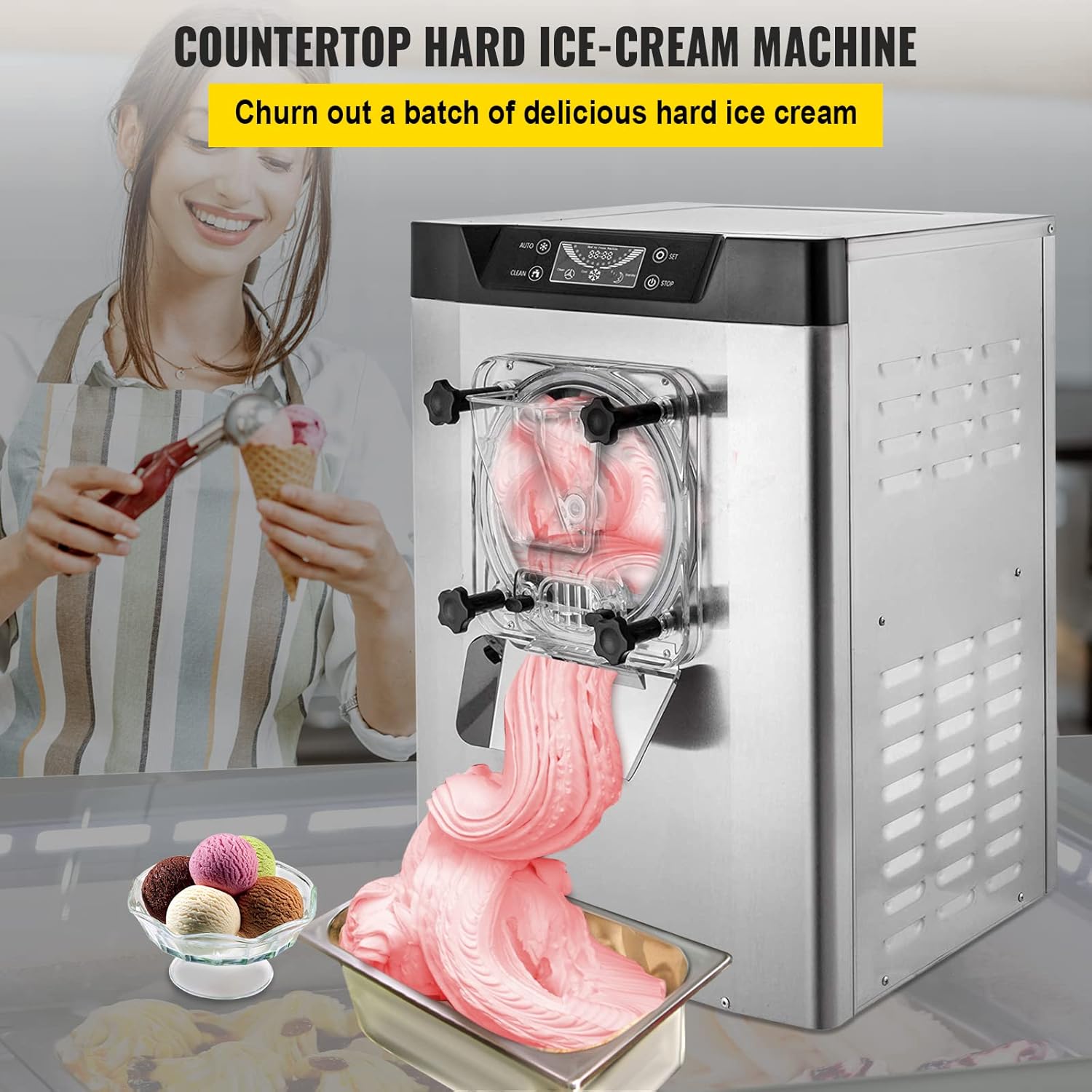 Machine à Glace Pilée Électrique Capacité 20 L/h Sorbetière en Acier Inoxydable 304 Turbine à Glace Machine à Crème Glacée PVC de Qualité Alimentaire Écran LCD pour Restaurant Café YKF-618
