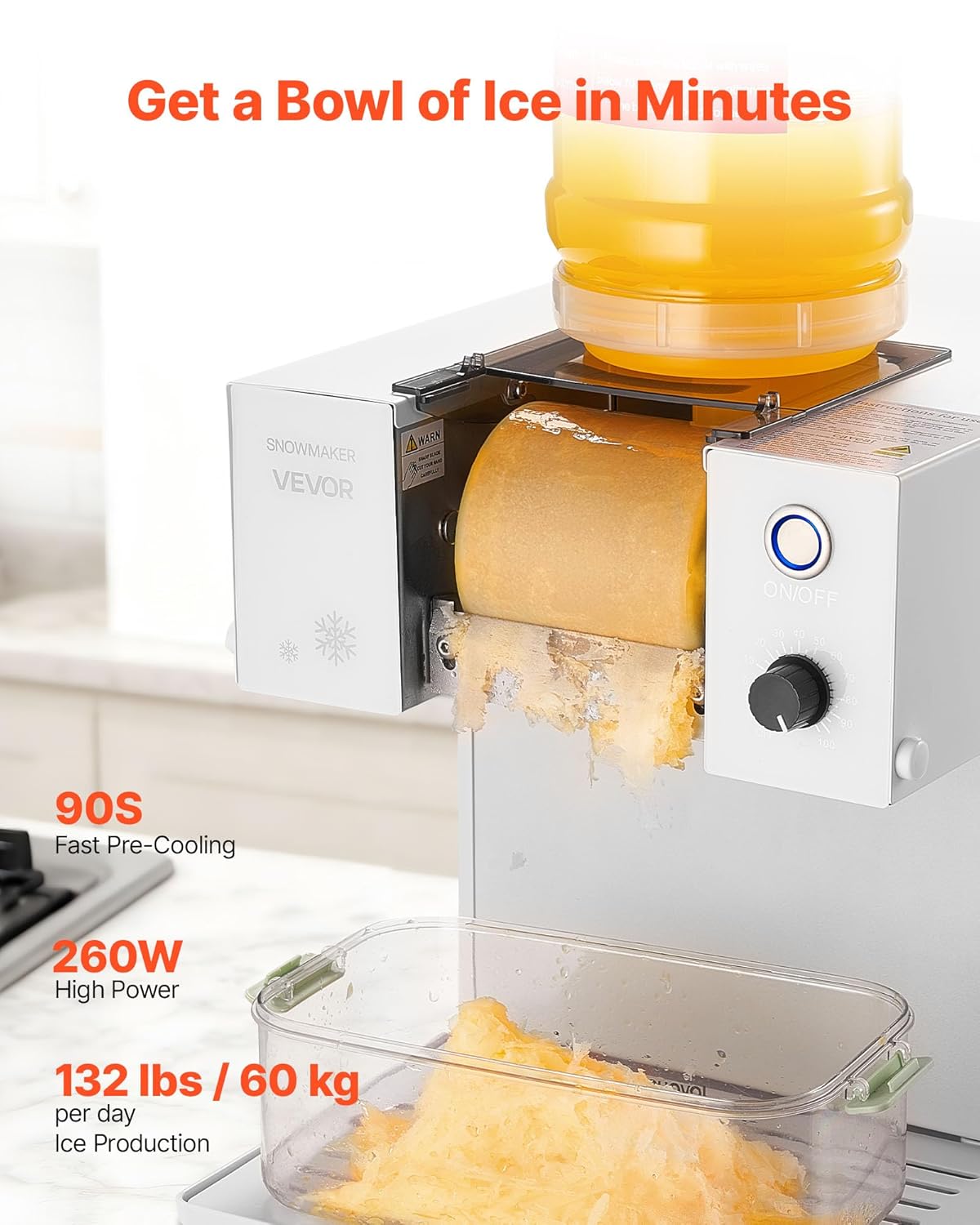 Broyeur à Glace Pilée 60 kg/24 h, Machine à Glace Râpée Flocon de Neige, avec Lame en Acier Inoxydable, Réservoir de 1,8 L, Pré-refroidissement Rapide, pour Dessert Boulangerie Café Maison