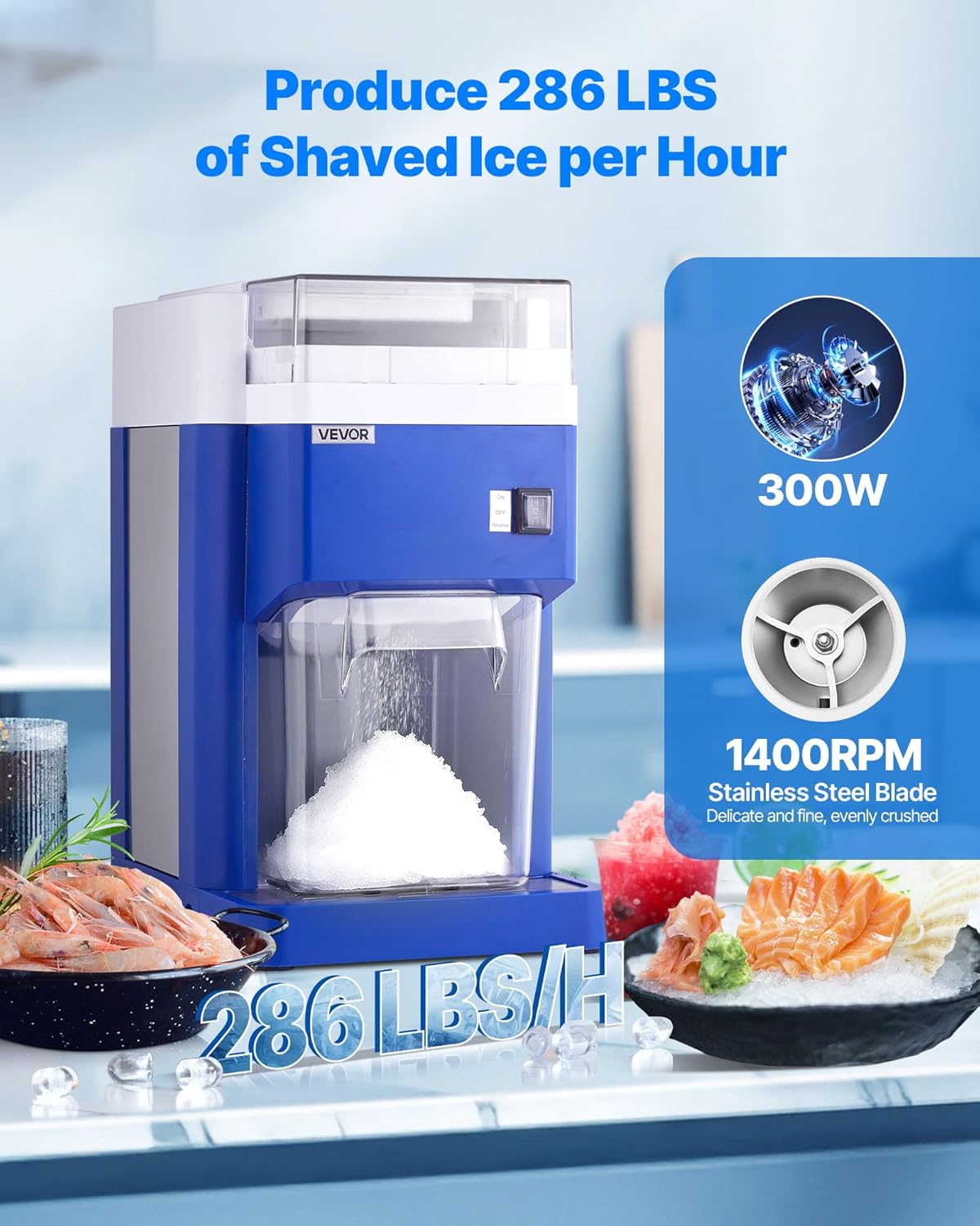 Machine à Glace Pilée 1,8 L, Broyeur à Glace Fine et Onctueuse Électrique, Moteur 300 W, Lames en Acier Inoxydable, pour Cocktails Boissons Fraîches, Bars Restaurants Supermarchés Fêtes, Bleu