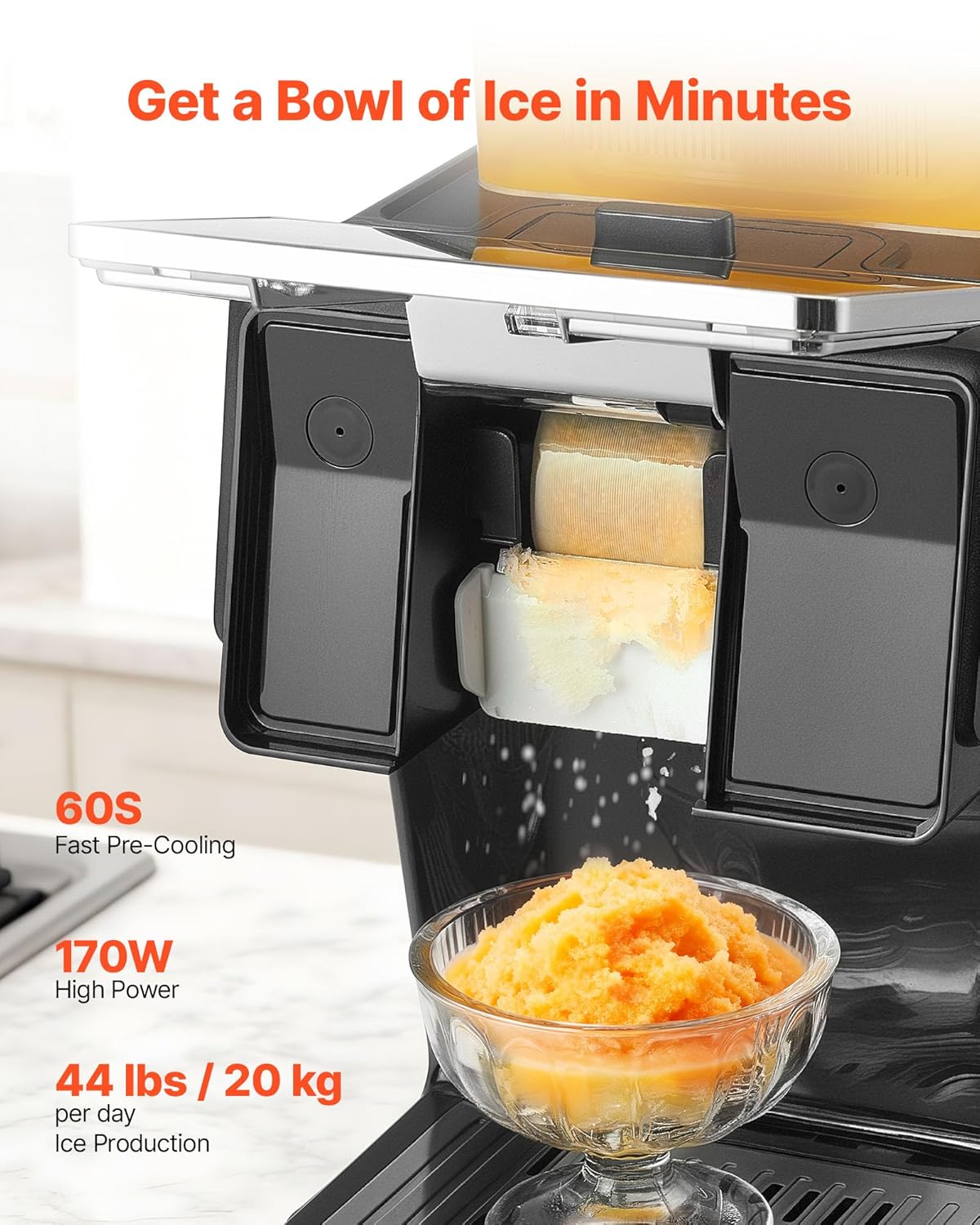 Broyeur à Glace Pilée 20 kg/24 h, Machine à Glace Râpée Flocon de Neige, avec Lame en Acier Inoxydable, Réservoir de 0,8 L, Pré-refroidissement Rapide, pour Dessert Boulangerie Café Maison
