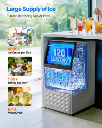 Machine à Glaçons Commerciale 54,4 kg/24 h, Appareil de Préparation de Glaçons avec Capacité de Stockage de 15 kg, 45 Cubes par Cycle, avec Écran LED et Nettoyage Automatique, Restaurant Bar