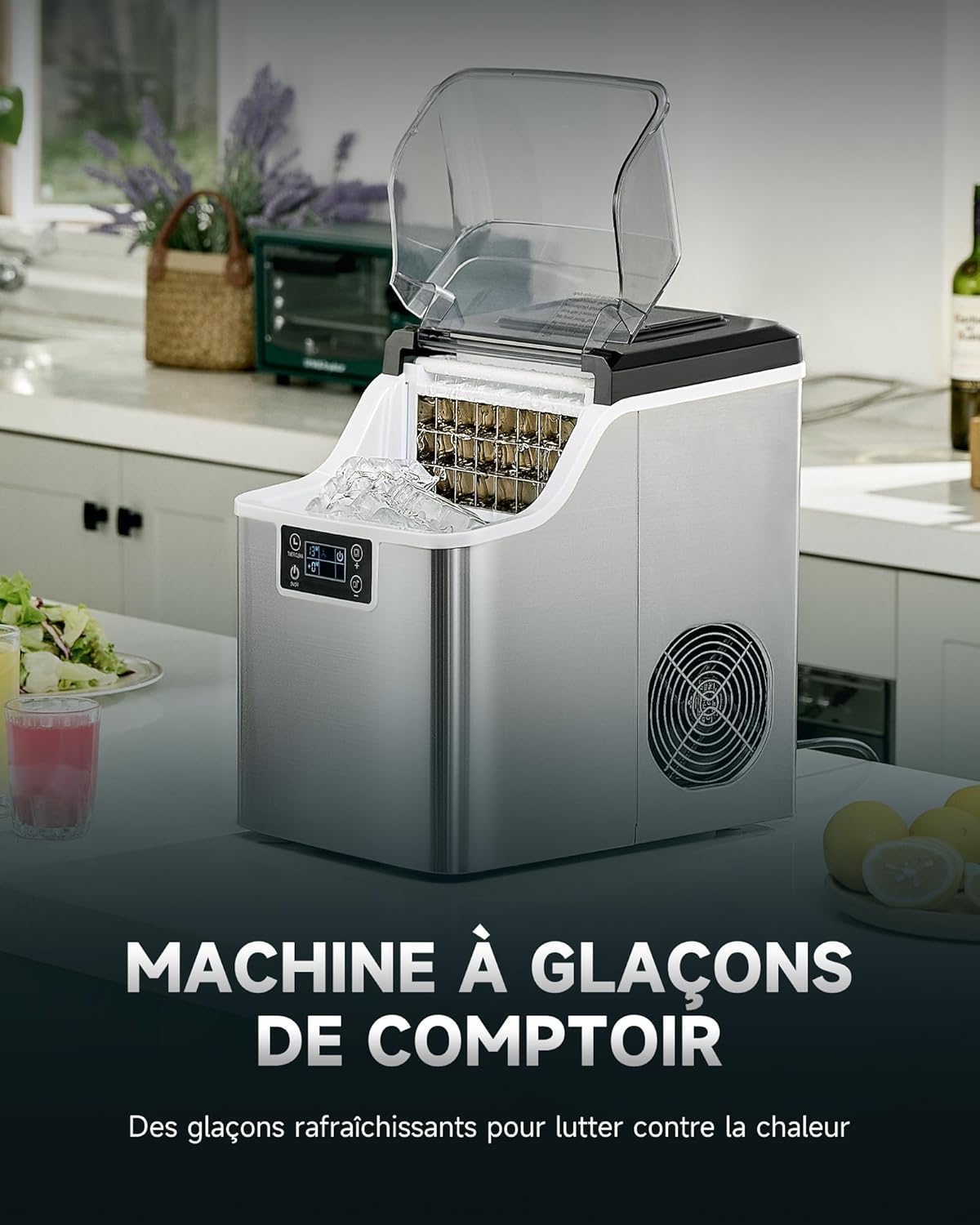Machine à Glaçons 22kg/24H Ice Maker, 24 Glaçons en 11-20 Minutes Réservoir d’Eau 3,2L Fonction Auto-Nettoyage, avec Pelle et Panier à Glaçons, Portable pour Maison Bureau Bar Restaurant 24 PCS
