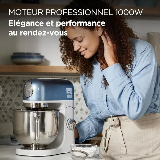 KMix Editions KMX760BL Robot de cuisine avec bol en acier inoxydable de 5 l, système de sécurité à usage sûr, boîtier en métal, 1000 W, kit de pâtisserie 3 pièces et protection