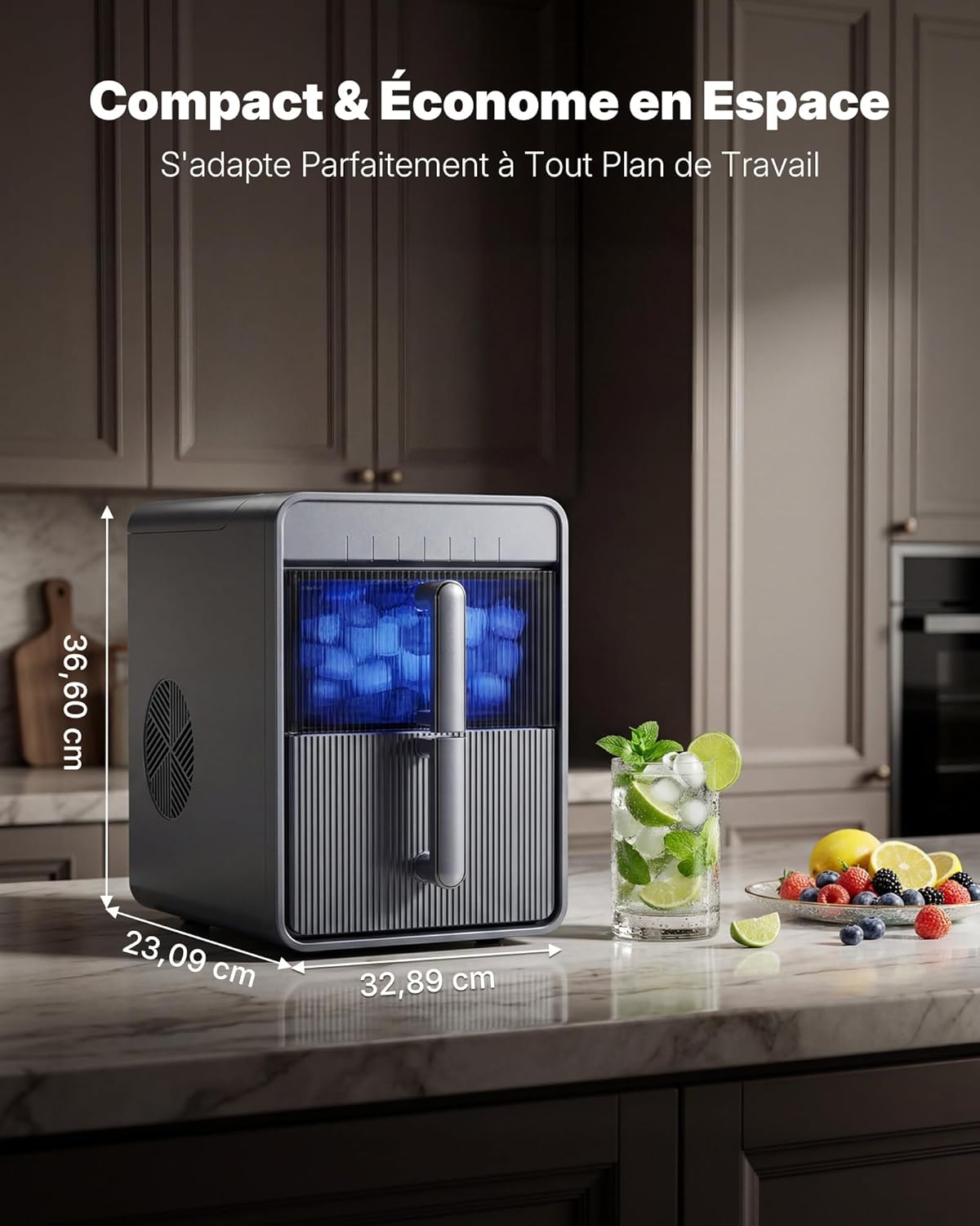 Machine à Glaçons avec LED,Écran Tactile Numérique, Réservoir et Panier Amovible,9 Glacons en 6-8 Min,2 Tailles de Glaçons, Autonettoyante,Machine a Glacons Portable,Gris,BI10