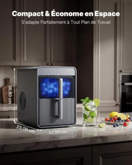 Machine à Glaçons avec LED,Écran Tactile Numérique, Réservoir et Panier Amovible,9 Glacons en 6-8 Min,2 Tailles de Glaçons, Autonettoyante,Machine a Glacons Portable,Gris,BI10
