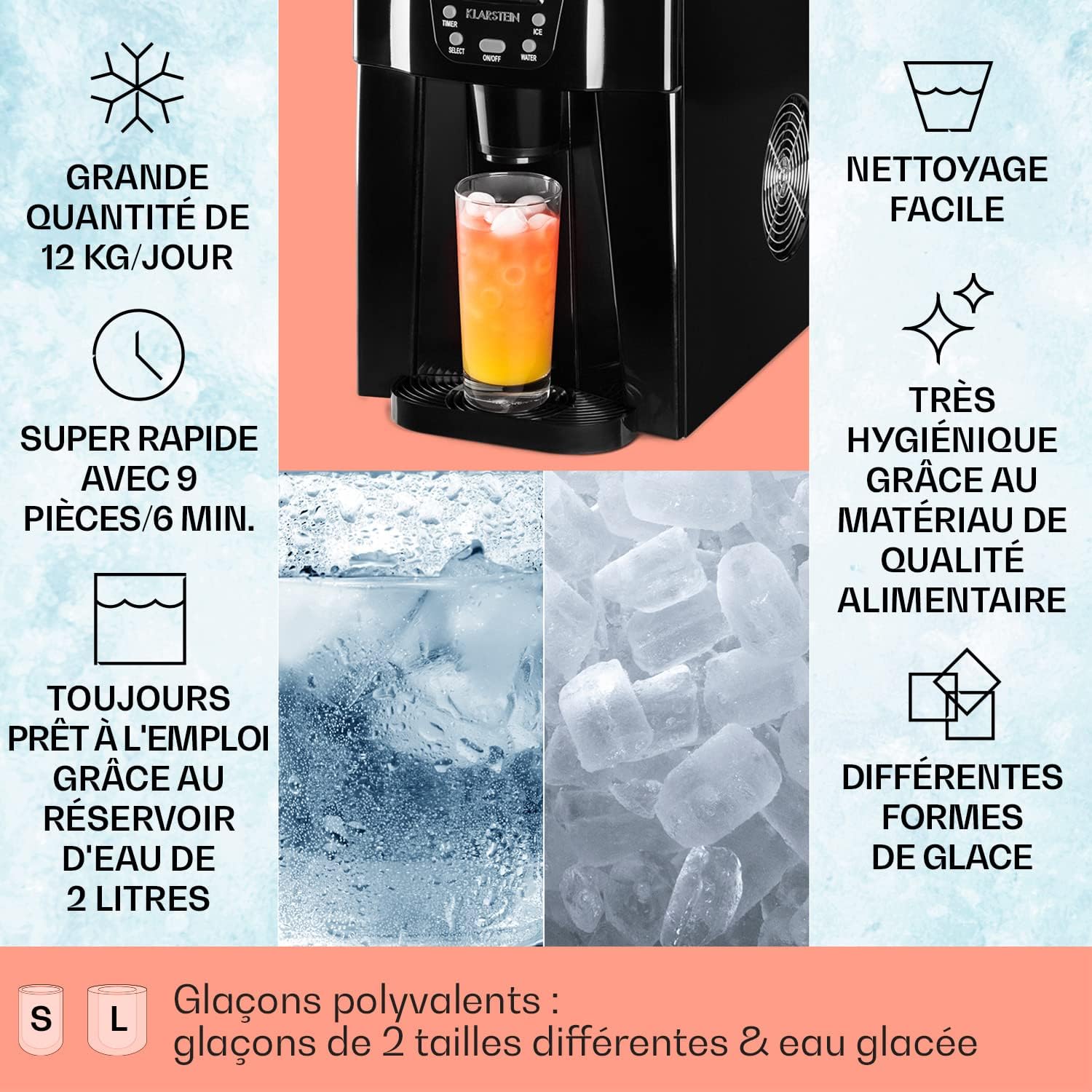 Machine a Glacons pour la Maison, Capacité de 2L, Fabrique Rapidement Jusqu'à 12kg de Glacons, Alarmes de Sécurité, Machine à Glaçons de Comptoir, Ice Maker, Distributeur Eau Froide Noir