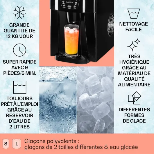 Machine a Glacons pour la Maison, Capacité de 2L, Fabrique Rapidement Jusqu'à 12kg de Glacons, Alarmes de Sécurité, Machine à Glaçons de Comptoir, Ice Maker, Distributeur Eau Froide Noir