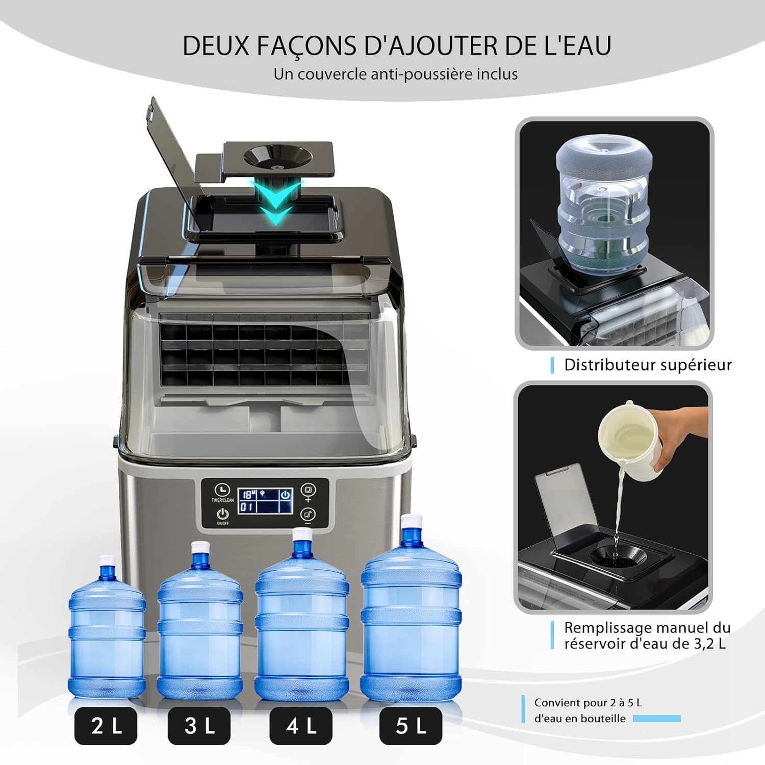 Machine à Glaçons en Acier Inoxydable avec Réservoir 3,2 L, 18 KG/24 H, Glaçons par 15-20 Min, Machine à Glace avec Écran LCD et Auto-Nettoyage, Stockage de Glace pour Maison, Café