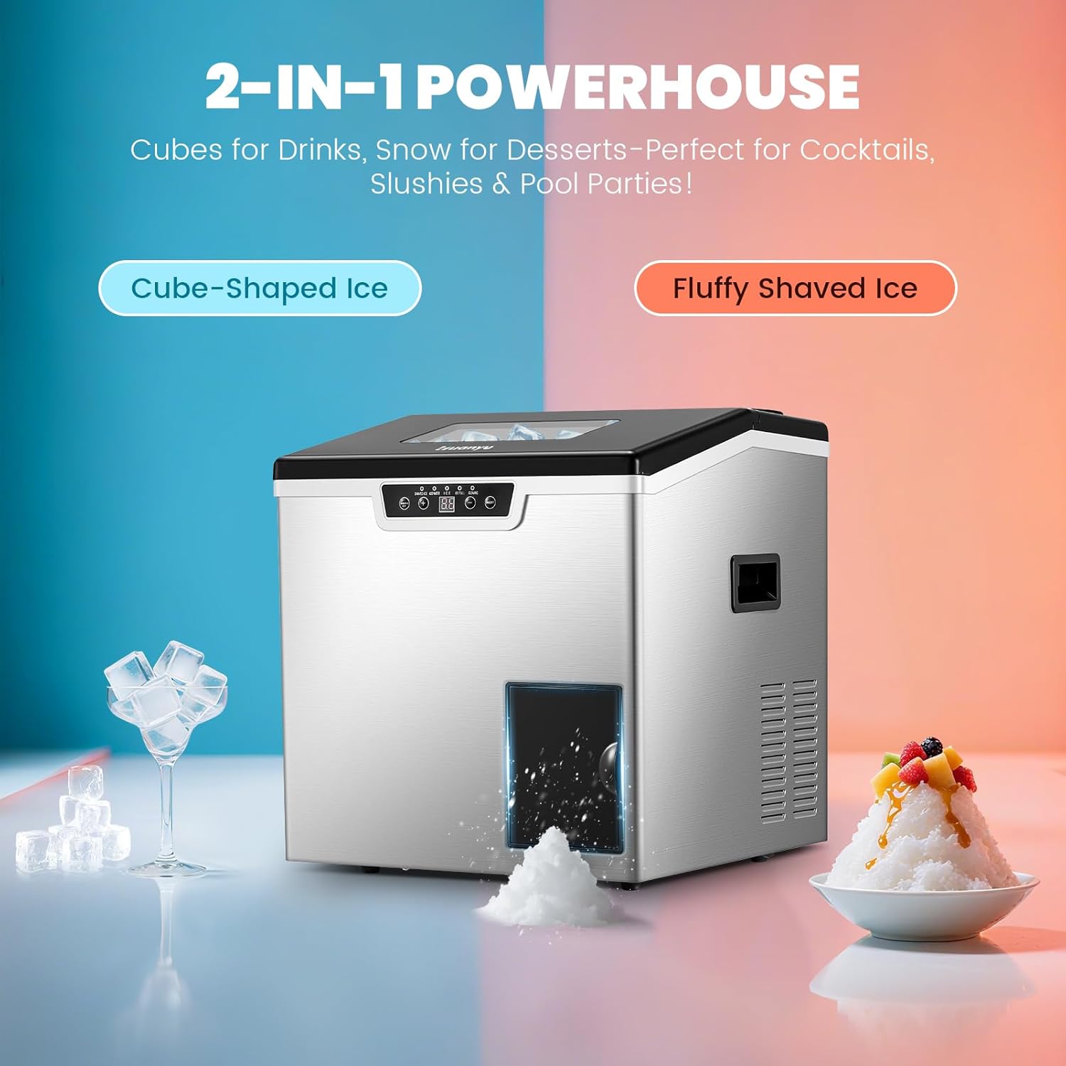 Machine à glaçons et à glace pilée professionnelle 2-en-1, rendement élevé de 20 kg/jour, 3 modes d'alimentation en eau, épaisseur des glaçons réglable, autonettoyage automatique