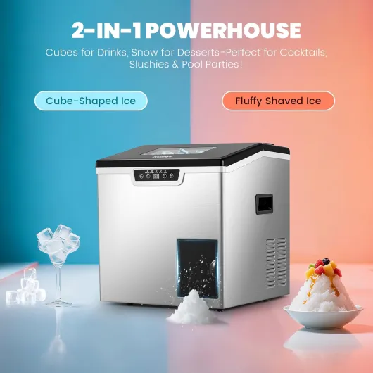 Machine à glaçons et à glace pilée professionnelle 2-en-1, rendement élevé de 20 kg/jour, 3 modes d'alimentation en eau, épaisseur des glaçons réglable, autonettoyage automatique