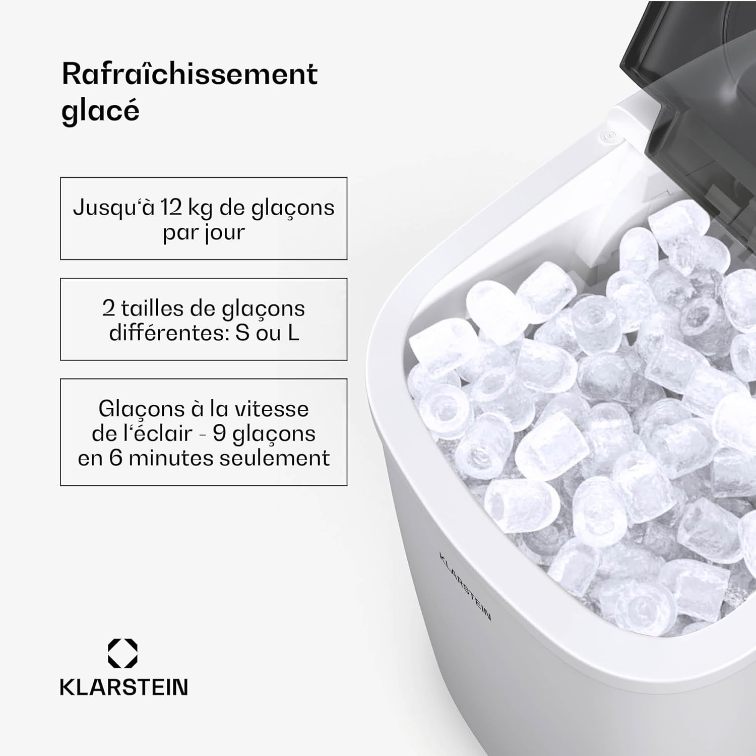 Klarstein Machine à Glaçons - 12kg/24h, 2 Tailles, 1.3L Réservoir, LED Indicateurs, Couvercle Transparent, Portable, Machine pour Glaçons, Idéale pour Fêtes/Garden Blanc