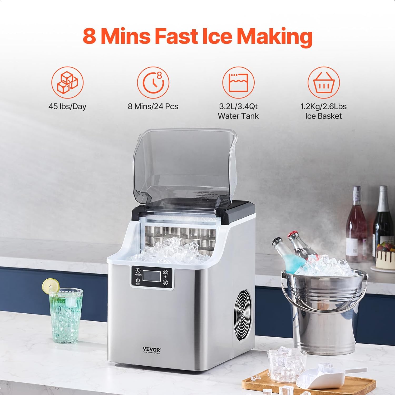 Machine à Glaçons de Comptoir Rendement 20,4 kg/24 h, Appareil de Préparation de Glaçons Portable, Autonettoyante avec Pelle à Glace et Panier, pour Cuisine Bar Bureau Maison, Argenté