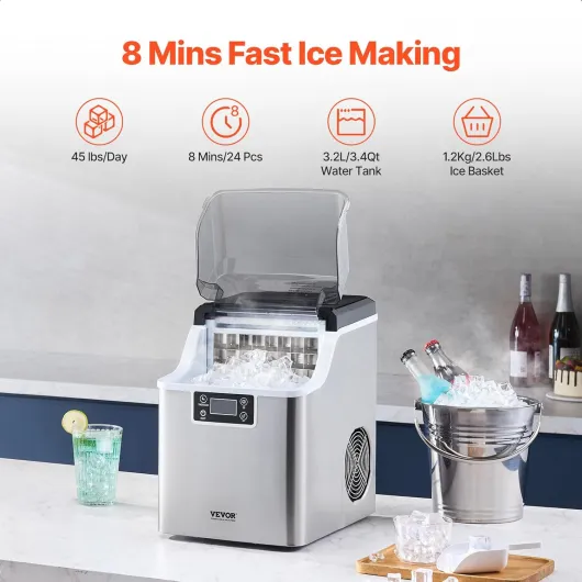 Machine à Glaçons de Comptoir Rendement 20,4 kg/24 h, Appareil de Préparation de Glaçons Portable, Autonettoyante avec Pelle à Glace et Panier, pour Cuisine Bar Bureau Maison, Argenté