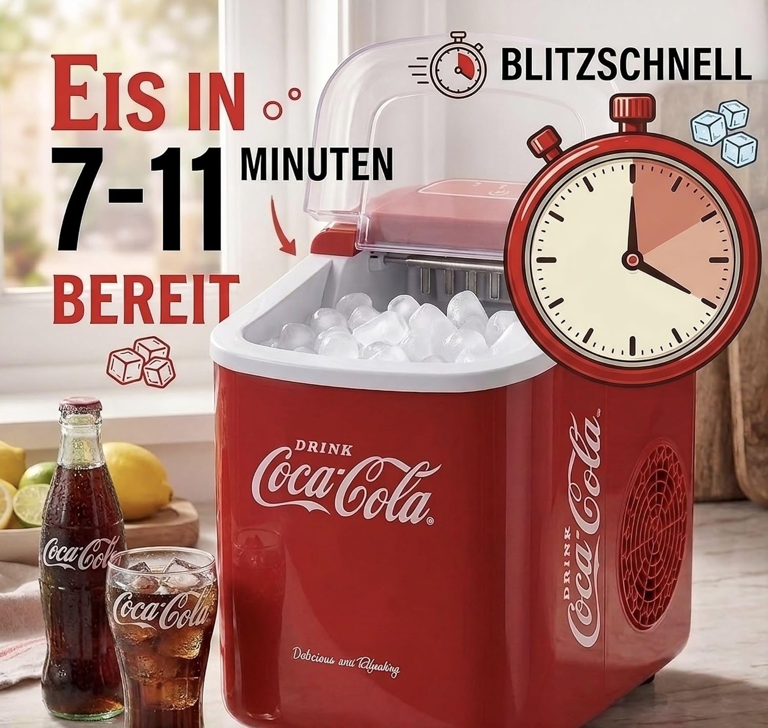 Machine à glaçons Salco Coca-Cola – Fabricant de glaçons avec 2 tailles de glaçons – Design rétro rouge – Machine à glaçons portable pour cocktails, boissons et soirées (10 kg par 24 heures - Rouge)
