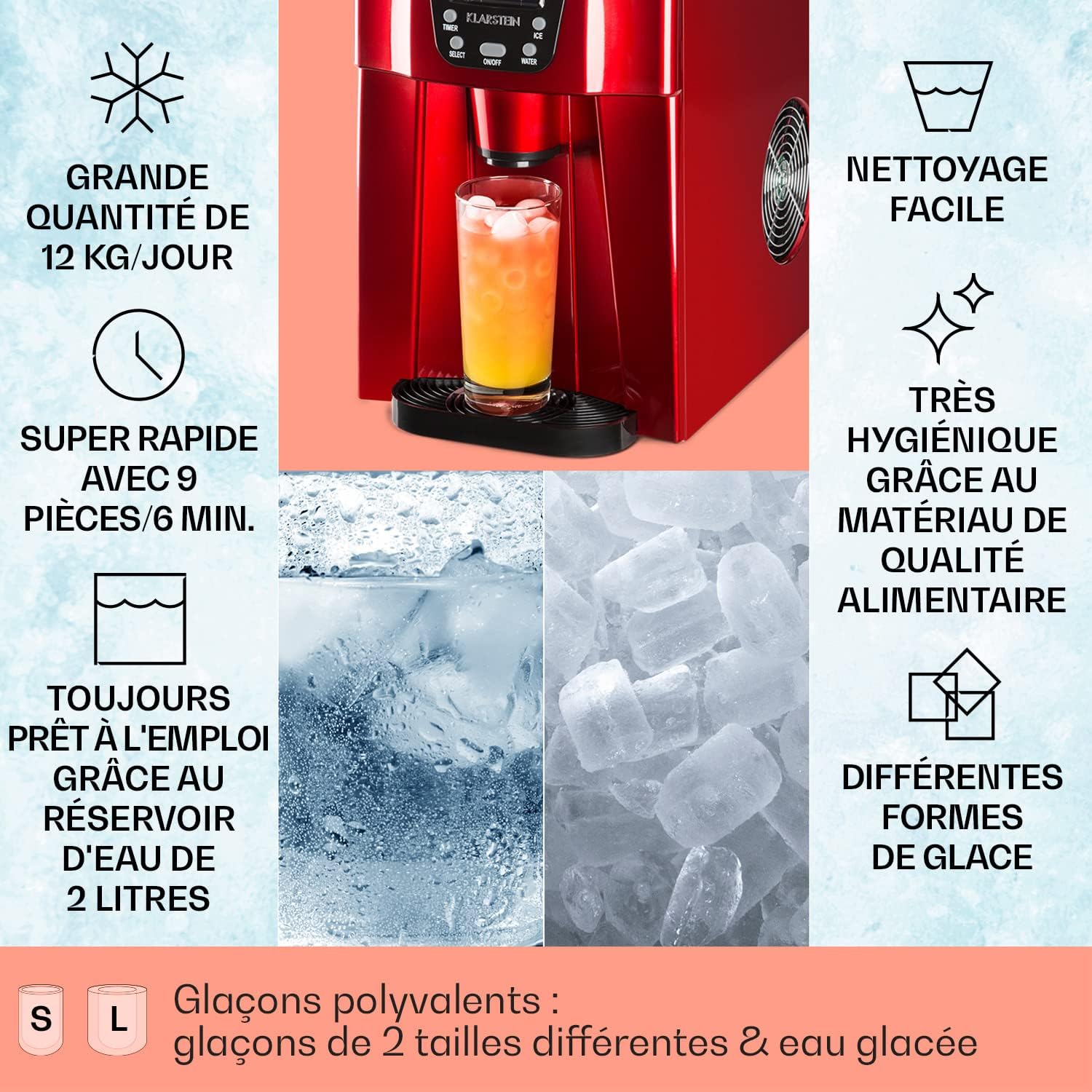 Machine a Glacons pour la Maison, Capacité de 2L, Fabrique Rapidement Jusqu'à 12kg de Glacons, Alarmes de Sécurité, Machine à Glaçons de Comptoir, Ice Maker, Distributeur Eau Froide Rouge