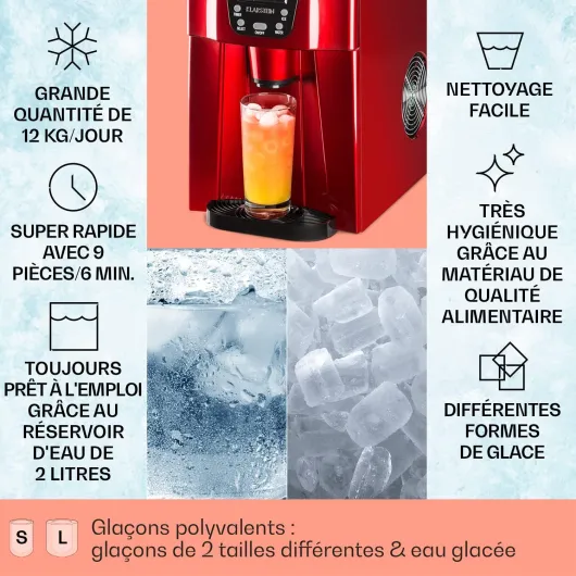 Machine a Glacons pour la Maison, Capacité de 2L, Fabrique Rapidement Jusqu'à 12kg de Glacons, Alarmes de Sécurité, Machine à Glaçons de Comptoir, Ice Maker, Distributeur Eau Froide Rouge