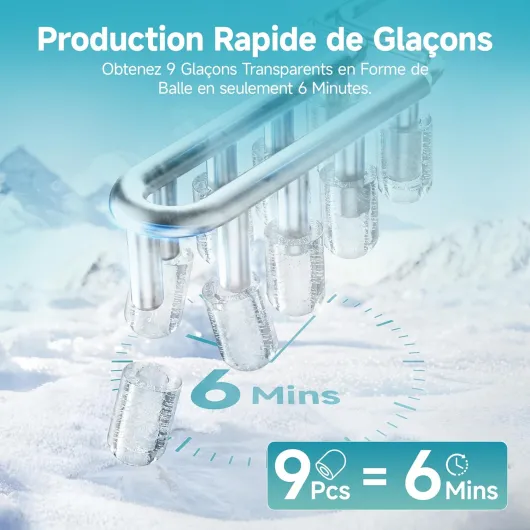EUHOMY Petite machine à glaçons, 9 cubes prêts en 6 minutes, 12 kg/jour, autonettoyante, avec poignée de transport, panier et pelle, 2 tailles de glaçons pour la maison, la cuisine, noire Noire-12kg