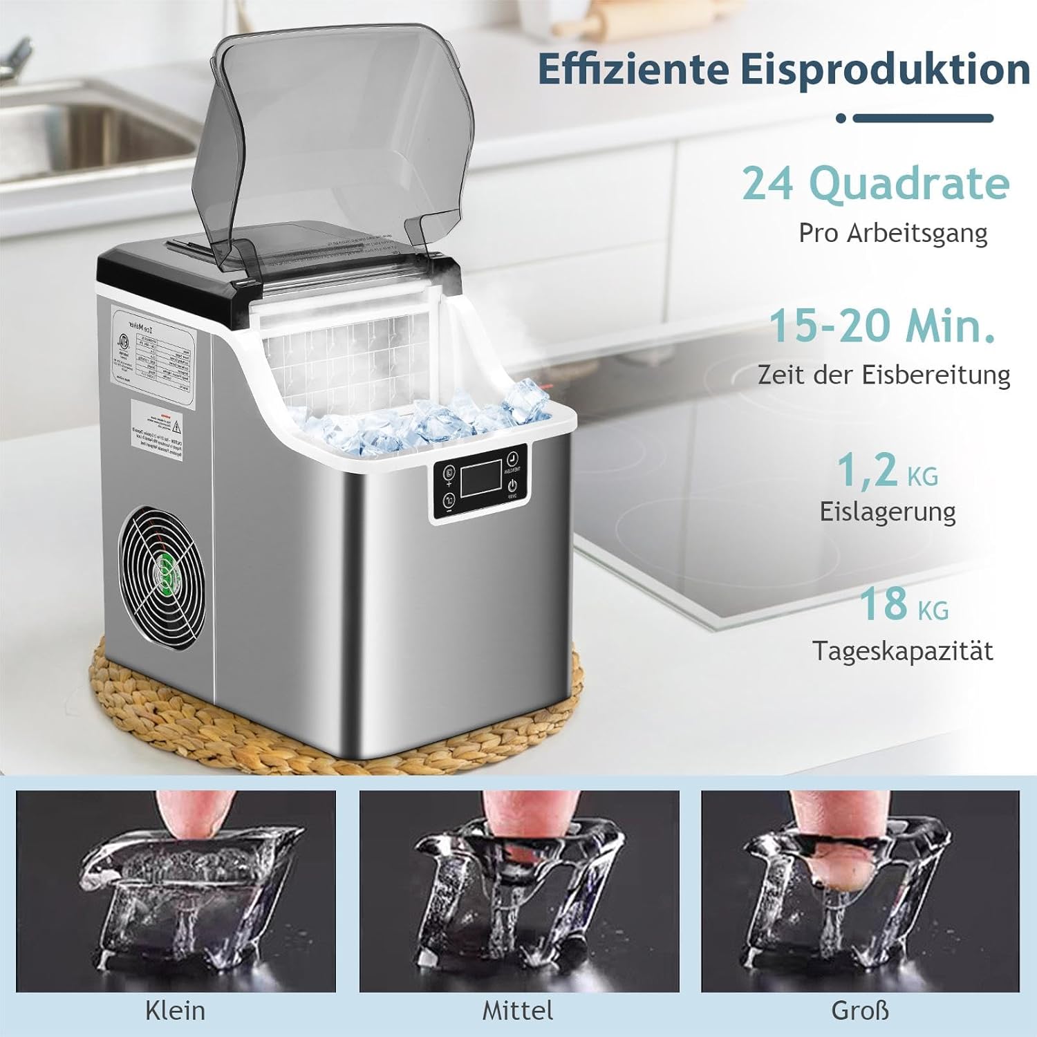 Machine a Glaçons 18 KG en 24H, 24 Glacons en 15 Minutes, Ice Cube Maker Autonettoyant, avec Écran LCD & Minuterie, Pelle Incluse, Capacité 1,2KG, Réservoir 3,2L, Minuterie 24H