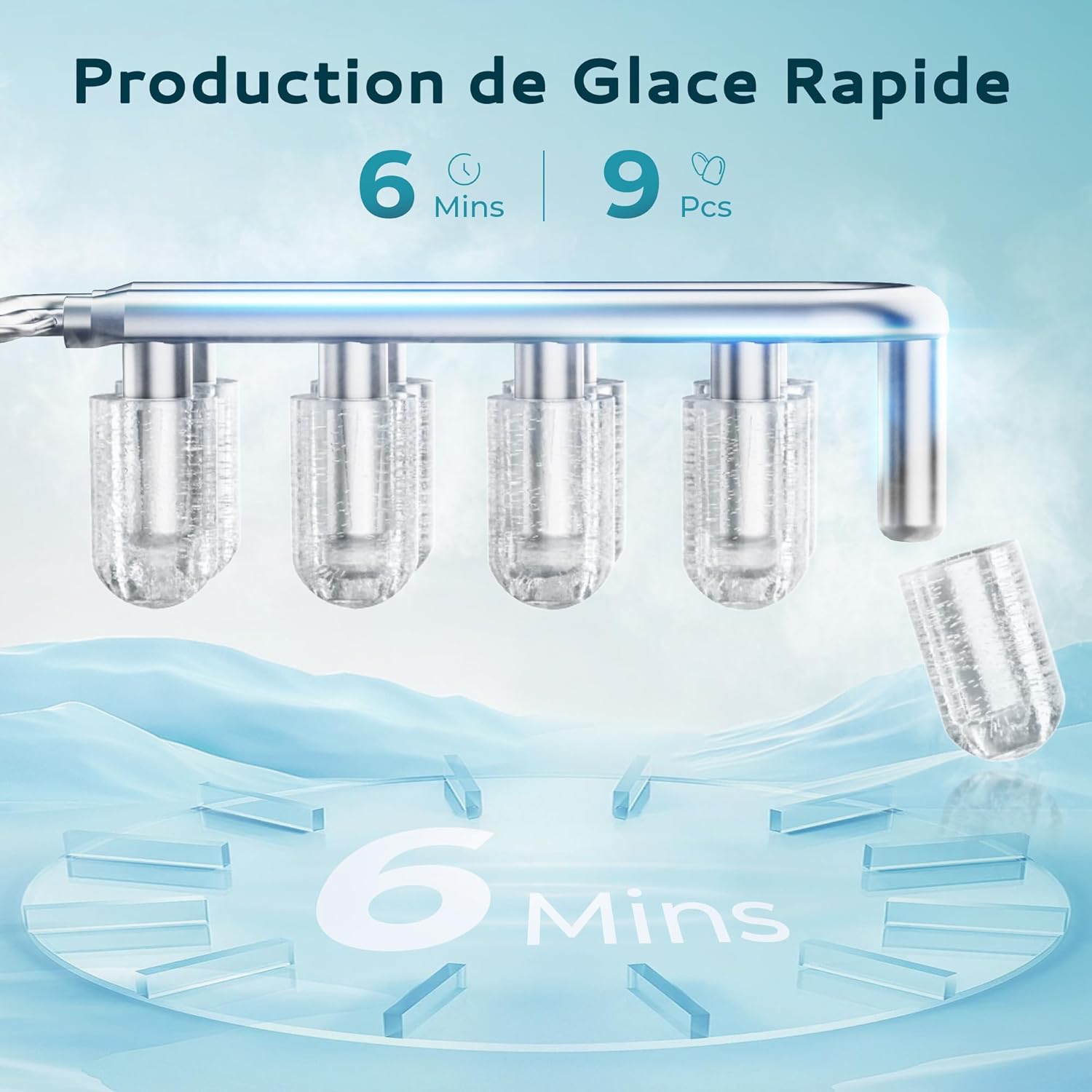 EUHOMY Machine à Glaçons 9 Cubes en 6 Min Machine à Glace Bullet 2 Tailles de Cube, Machine à Glace en Acier Inoxydable pour le Plan de Travail, 12kg/Jour Machine à Glaçons Argent, pour Maison/Cuisine Argentée