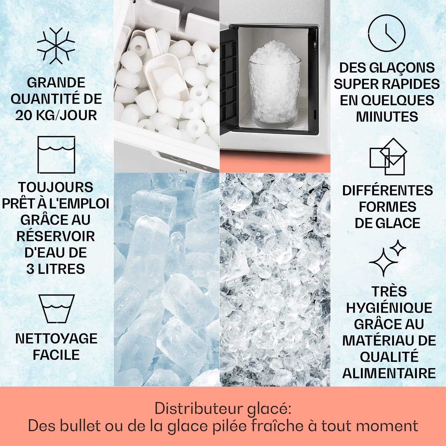 Klarstein Machine a Glacons pour la Maison, Capacité de 3L, Fabrique Rapidement Jusqu'à 20kg de Glacons Concassée ou en Balles, Machine à Glaçons, Ice Maker avec Alarme Securité et Autonettoyante 20 kg (3.0 L) Bullet Crushed Ice Gris / Noir