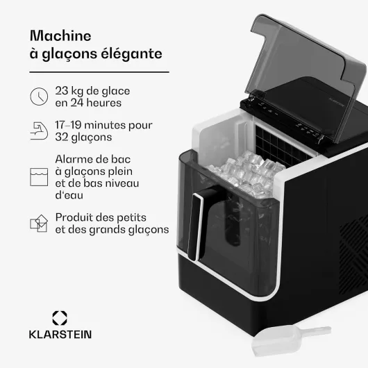 Klarstein Machine à Glaçons - Acier Inoxydable, 23 kg/24 h, 32 Glaçons/Cycle, Nettoyage Auto, Panneau de Commande, Alerte Niveau d'Eau, Design Moderne, Noire 23Kg Noir