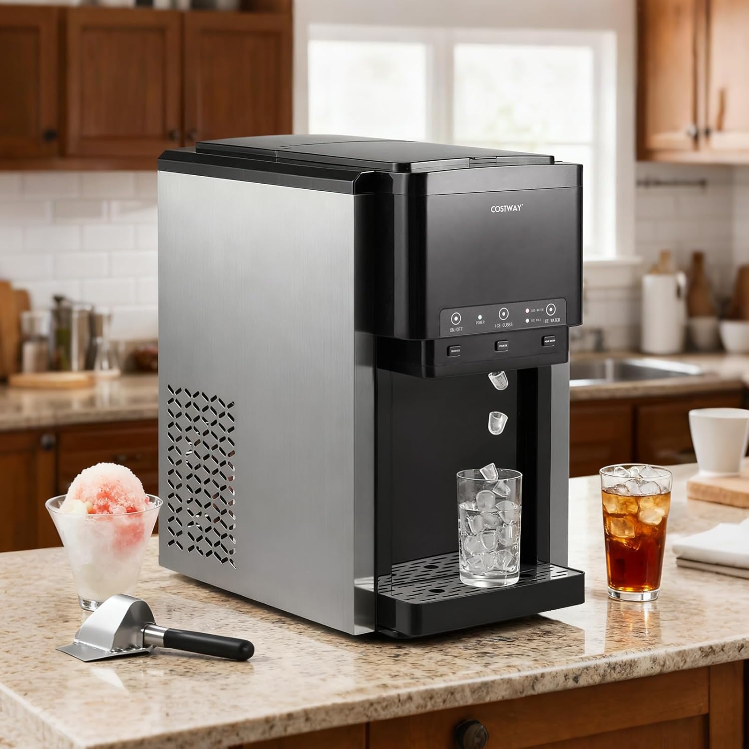 3 en 1 Distributeur d'Eau avec Machine à Glaçons en Cubes et Glace Pilée 20 kg en 24h, Refroidisseur d'Eau de Comptoir, Remplissage Manuel/Automatique, pour Maison, Cuisine, Bureau