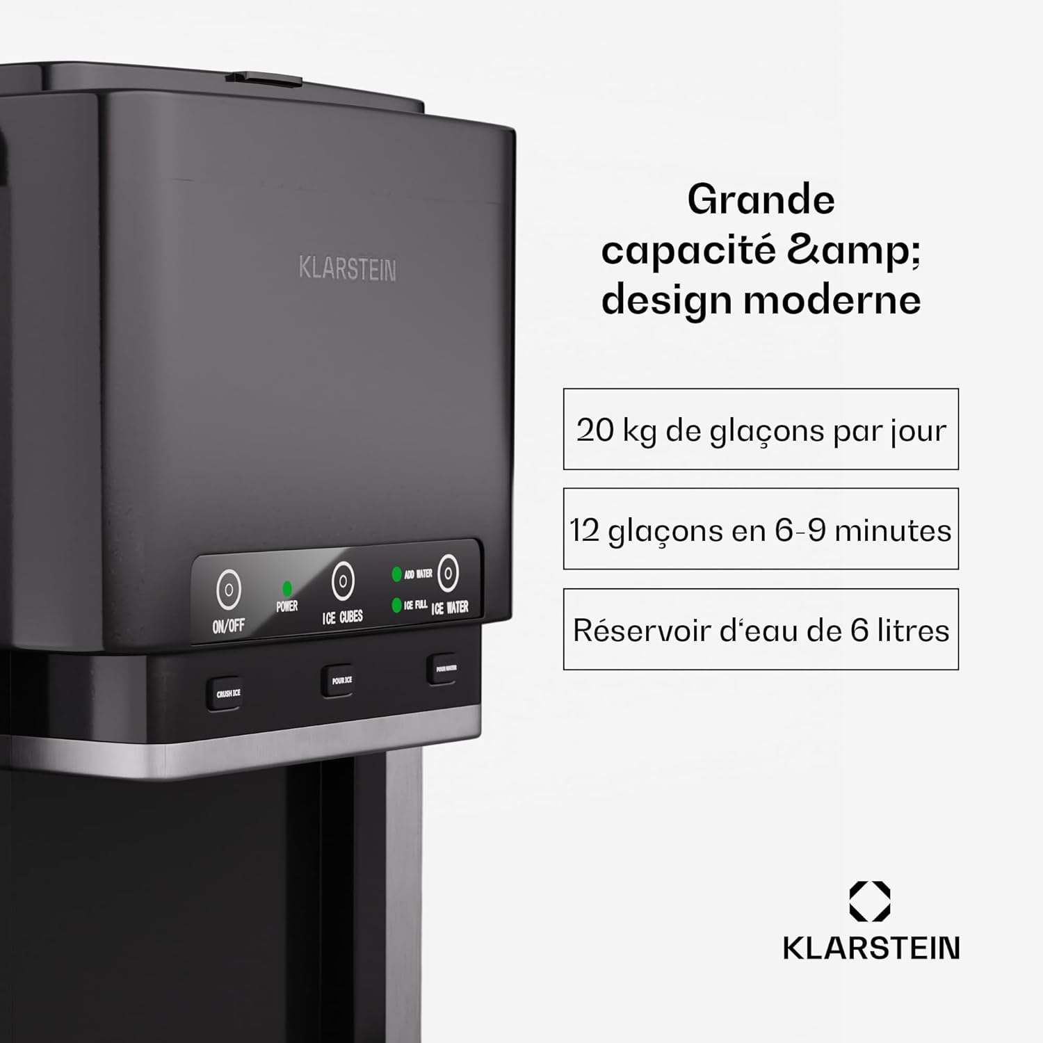 Klarstein ArcticBlend 3-en-1 machine à glaçons, 20 kg/24 h, glaçons & glace pilée, distributeur d'eau, réservoir 6 L, acier inoxydable, machine à glaçons maison, gris foncé 3in1 Mécanique à glace pilée Noir