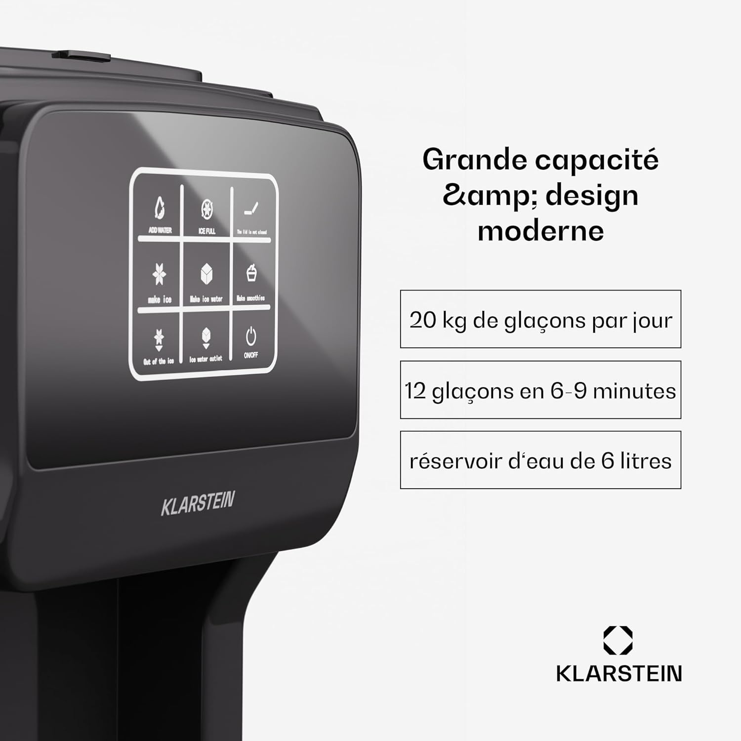 Klarstein ArcticBlend 3-en-1 machine à glaçons, 20 kg/24 h, glaçons & glace pilée, distributeur d'eau, réservoir 6 L, acier inoxydable, machine à glacons maison, noir 3in1 Crushed Ice Digital Noir