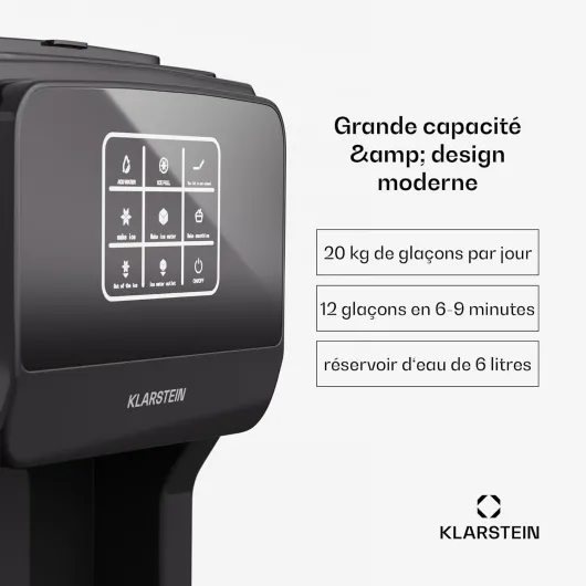 Klarstein ArcticBlend 3-en-1 machine à glaçons, 20 kg/24 h, glaçons & glace pilée, distributeur d'eau, réservoir 6 L, acier inoxydable, machine à glacons maison, noir 3in1 Crushed Ice Digital Noir