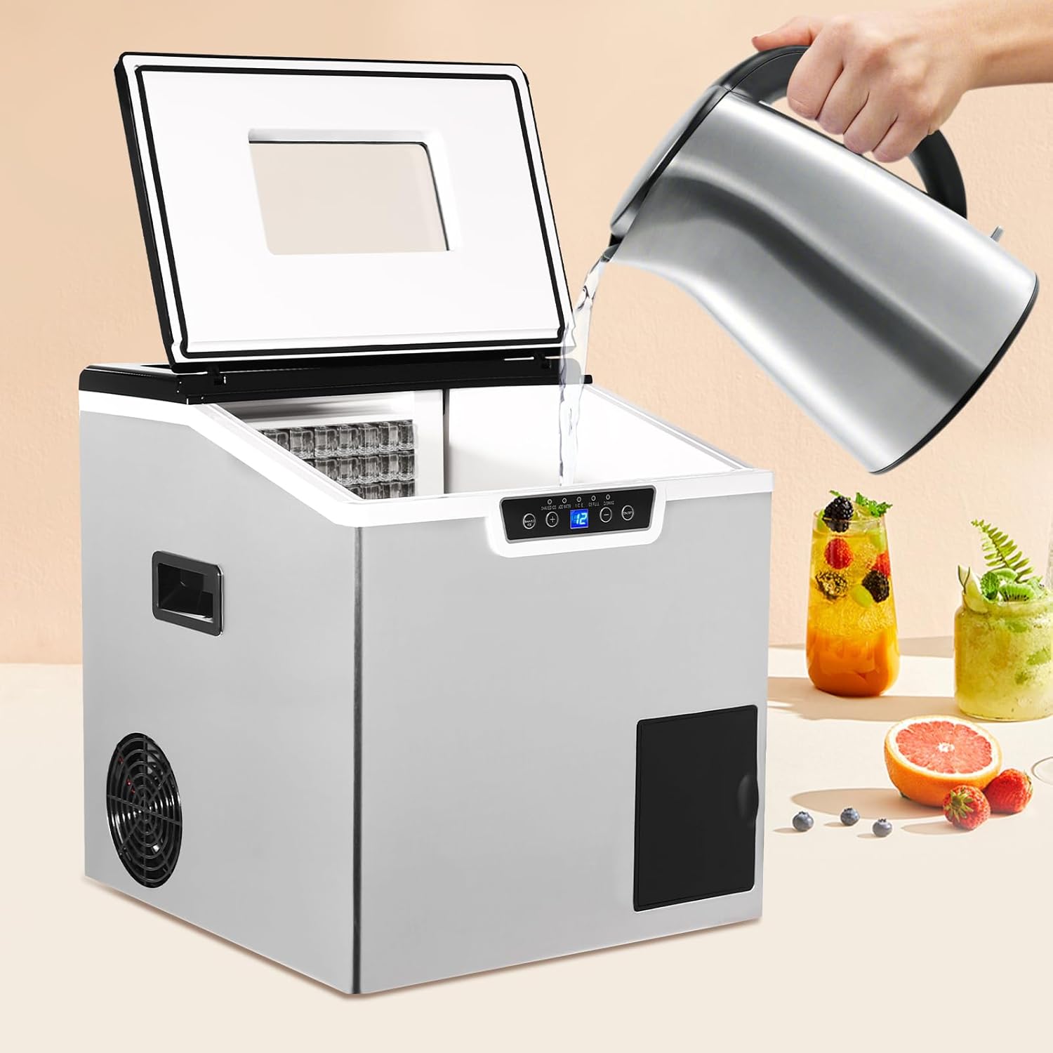Machine à glaçons, broyeur à glace, appareil de table avec réservoir d'eau, écran LCD, refroidissement à air pour la maison, le bureau ou le café, glaçons carrés, production rapide de glace