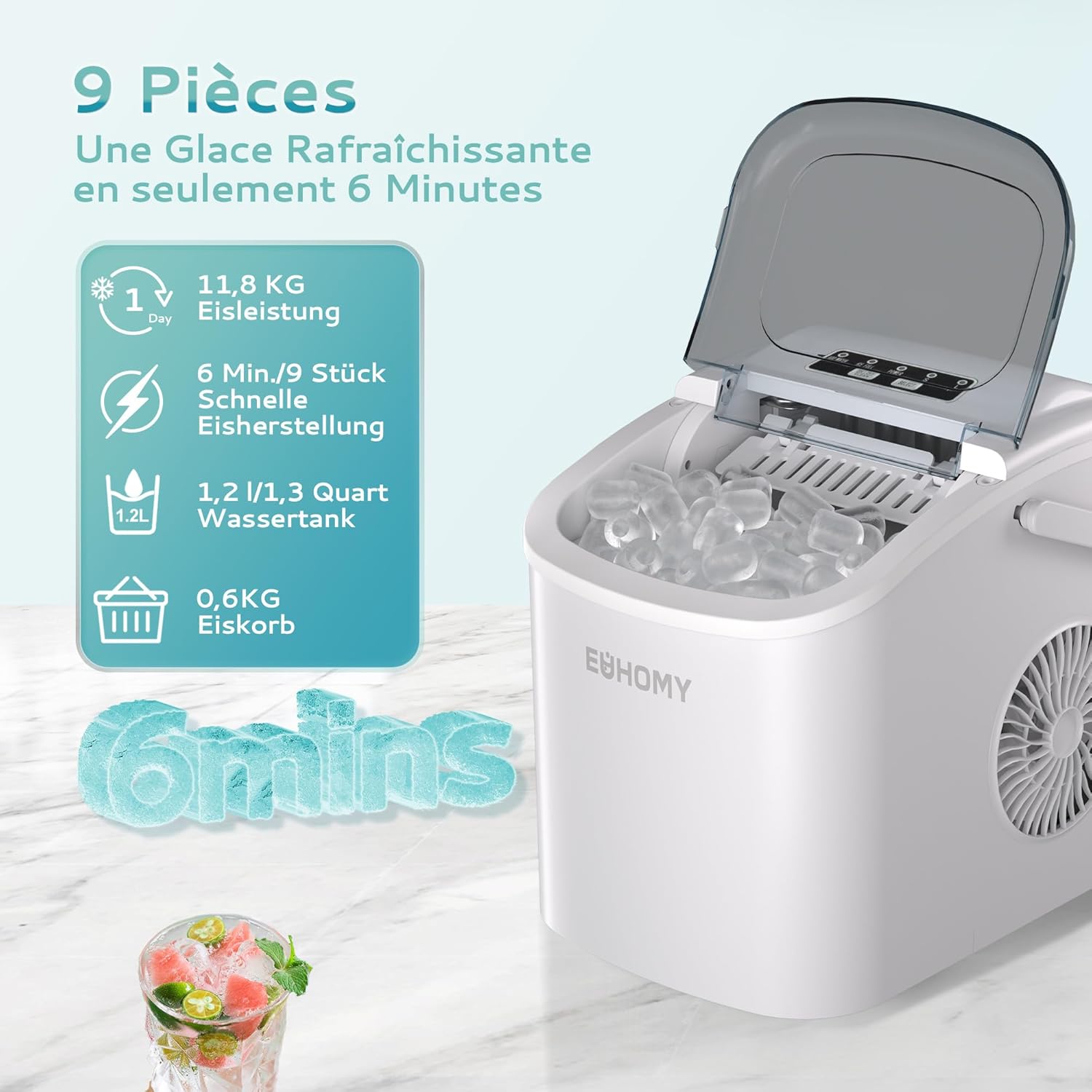 EUHOMY Machine à Glaçons, Petite Machine a Glacons, 9 Glaçons En 6 Minutes, Auto-Nettoyante Machine Glacon, Avec Poignée de Transport Et Panier à Glace, 12 Kg/Jour Machine a Glacon, Ice Maker Blanc Blanc-12kg