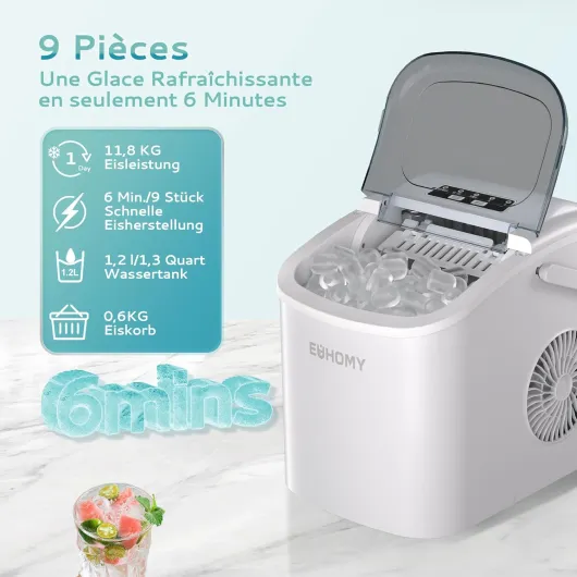 EUHOMY Machine à Glaçons, Petite Machine a Glacons, 9 Glaçons En 6 Minutes, Auto-Nettoyante Machine Glacon, Avec Poignée de Transport Et Panier à Glace, 12 Kg/Jour Machine a Glacon, Ice Maker Blanc Blanc-12kg