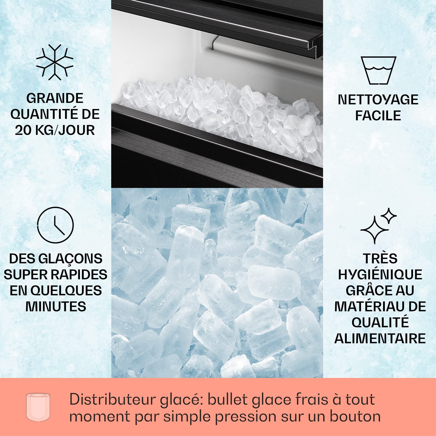 Machine a Glacons Portable pour la Maison en Acier Inoxydable, Capacité de 1,3L, Machine a Glaces, Ice Maker Afichage LED, 145W, R600a, Capacité 20 kg, Stockage 3,5 kg, Pelle à Glace et Bac 20 kg/24 h Noir