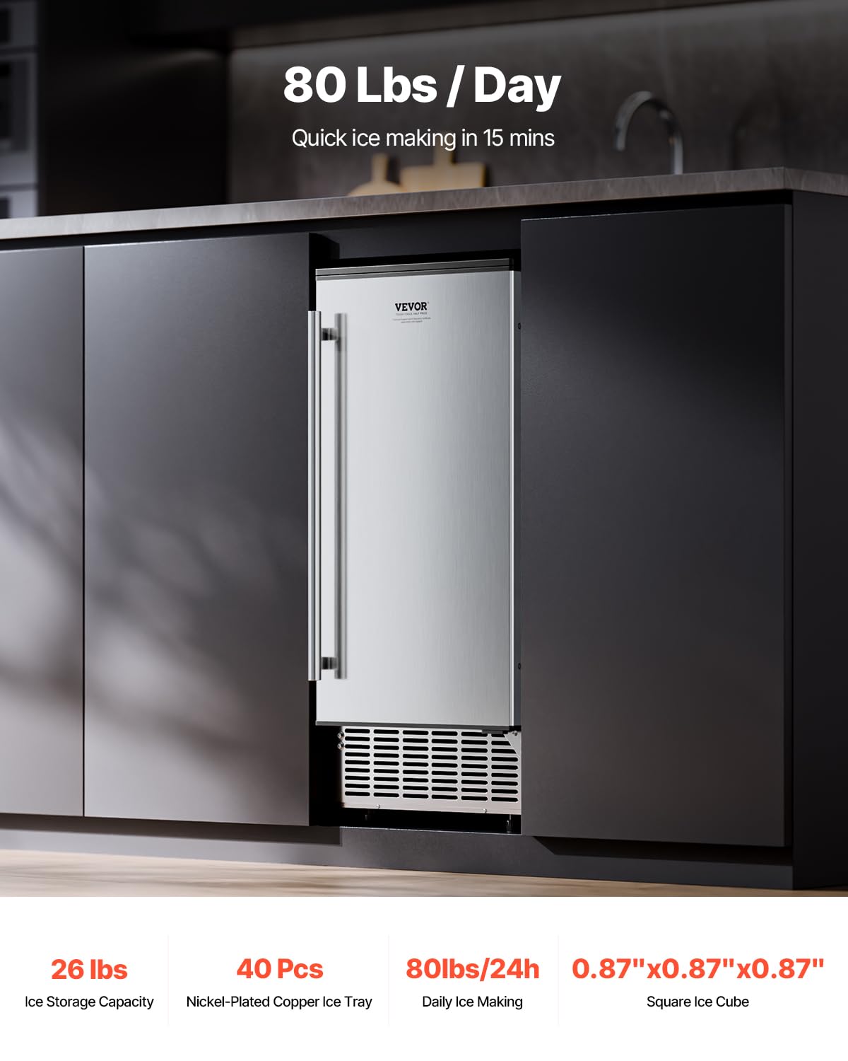 Machine à Glaçons sous Plan Encastrable, Appareil de Préparation de Glaçons Capacité 36,3 kg/24 h, avec Porte Réversible en Acier Inoxydable, Drainage Électrique, pour Cuisine Bar Bureau Maison