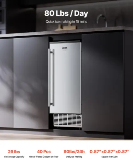 Machine à Glaçons sous Plan Encastrable, Appareil de Préparation de Glaçons Capacité 36,3 kg/24 h, avec Porte Réversible en Acier Inoxydable, Drainage Électrique, pour Cuisine Bar Bureau Maison