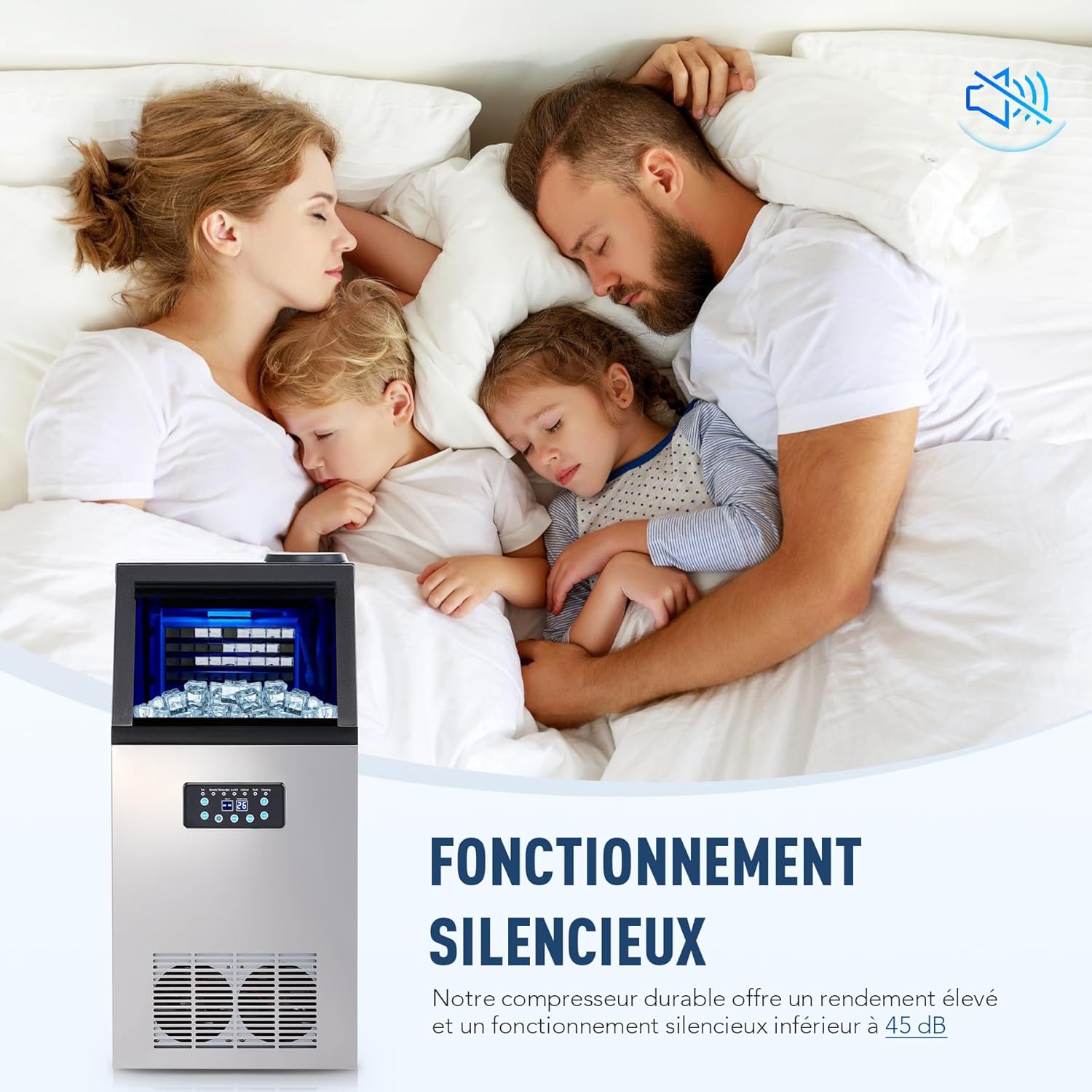 CO-Z Machine à Glaçons Commerciale Capacité de 45 Glaçons 73 kg/24 h, Machine à Glace en Acier Inoxydable avec Unité de Stockage de Cubes de 10 kg, pour la Maison Bar Bureau Café Restaurant, 300W