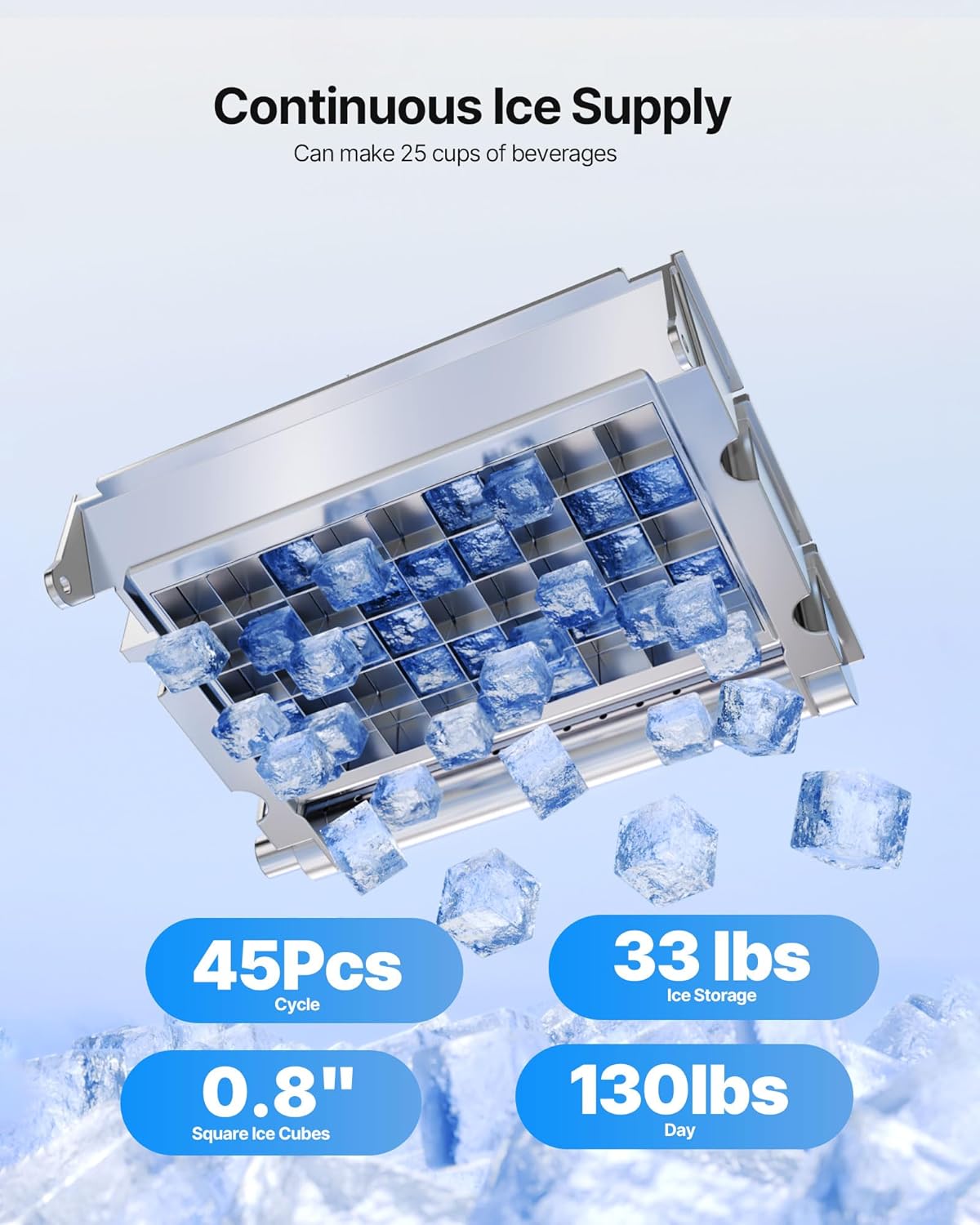 Machine à Glaçons Commerciale 54,4 kg/24 h, Appareil de Préparation de Glaçons avec Capacité de Stockage de 15 kg, 45 Cubes par Cycle, avec Écran LED et Nettoyage Automatique, Restaurant Bar 59 kg/24 h