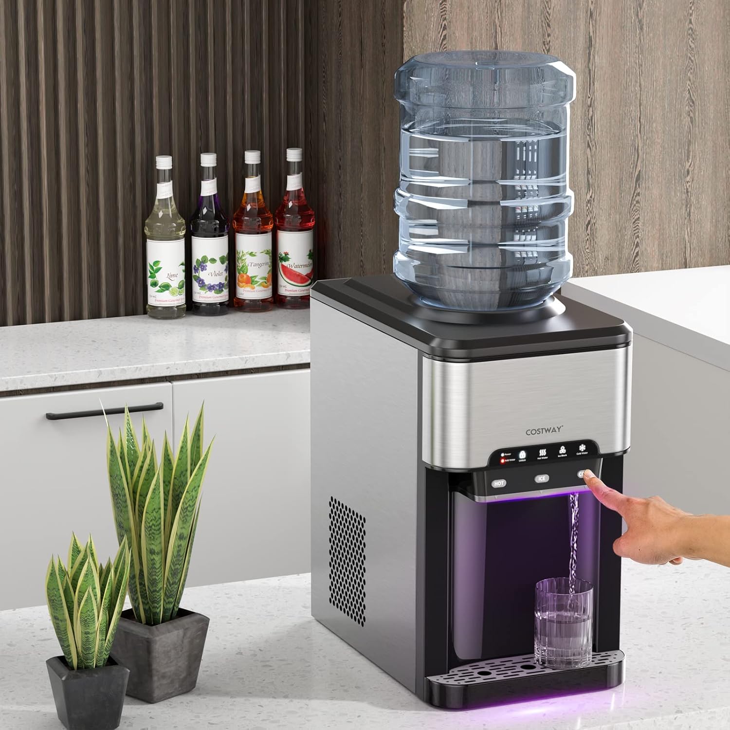 3 en 1 Machine à Glaçons avec Fontaine à Eau Bonbonne Froide/Chaude, en Acier Inoxydable, 19 kg en 24h, Capacité de 1,5 L, Préparation Rapide en 6-13 Min, Ice Maker Facile à Nettoyer, Noir