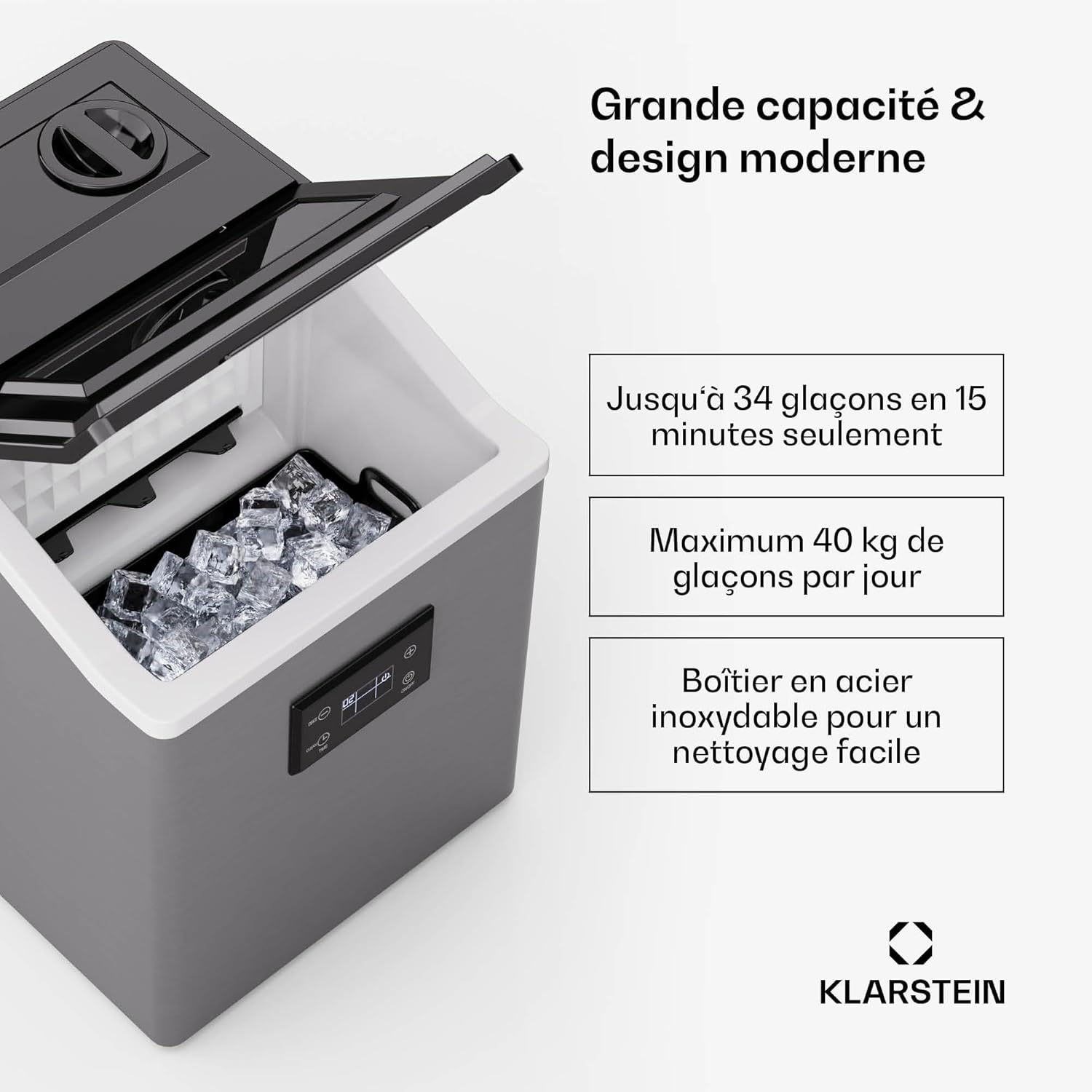 Klarstein FrostMaster Machine à glaçons, 40 kg/jour, 34 glaçons en 15 min, panneau LED, acier inoxydable, machine à glaçons maison, Ice Maker avec pelle à glace